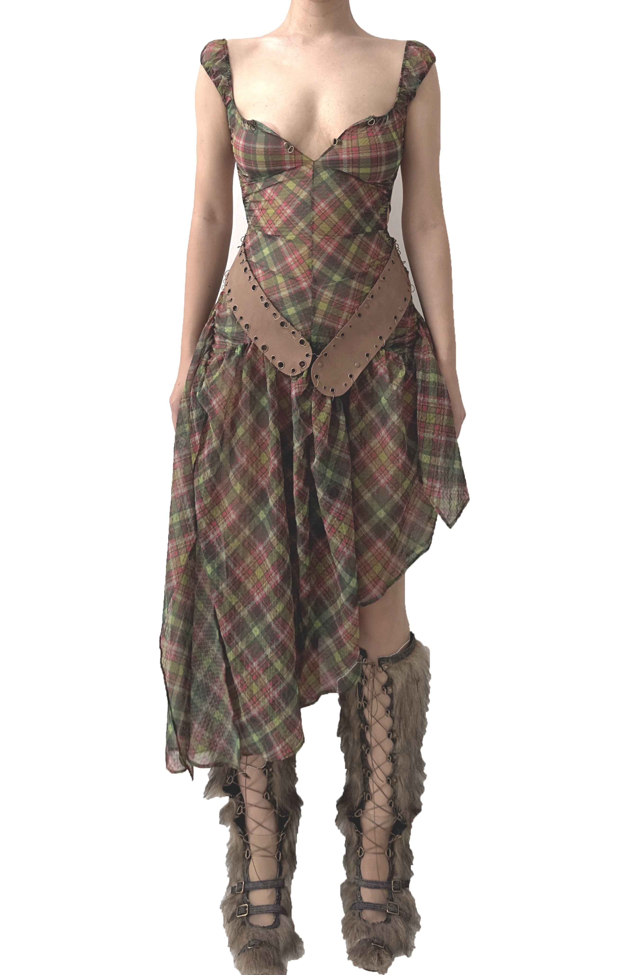 Plaid Puff Chiffon Asymmetrical Dress Pink Tartan
