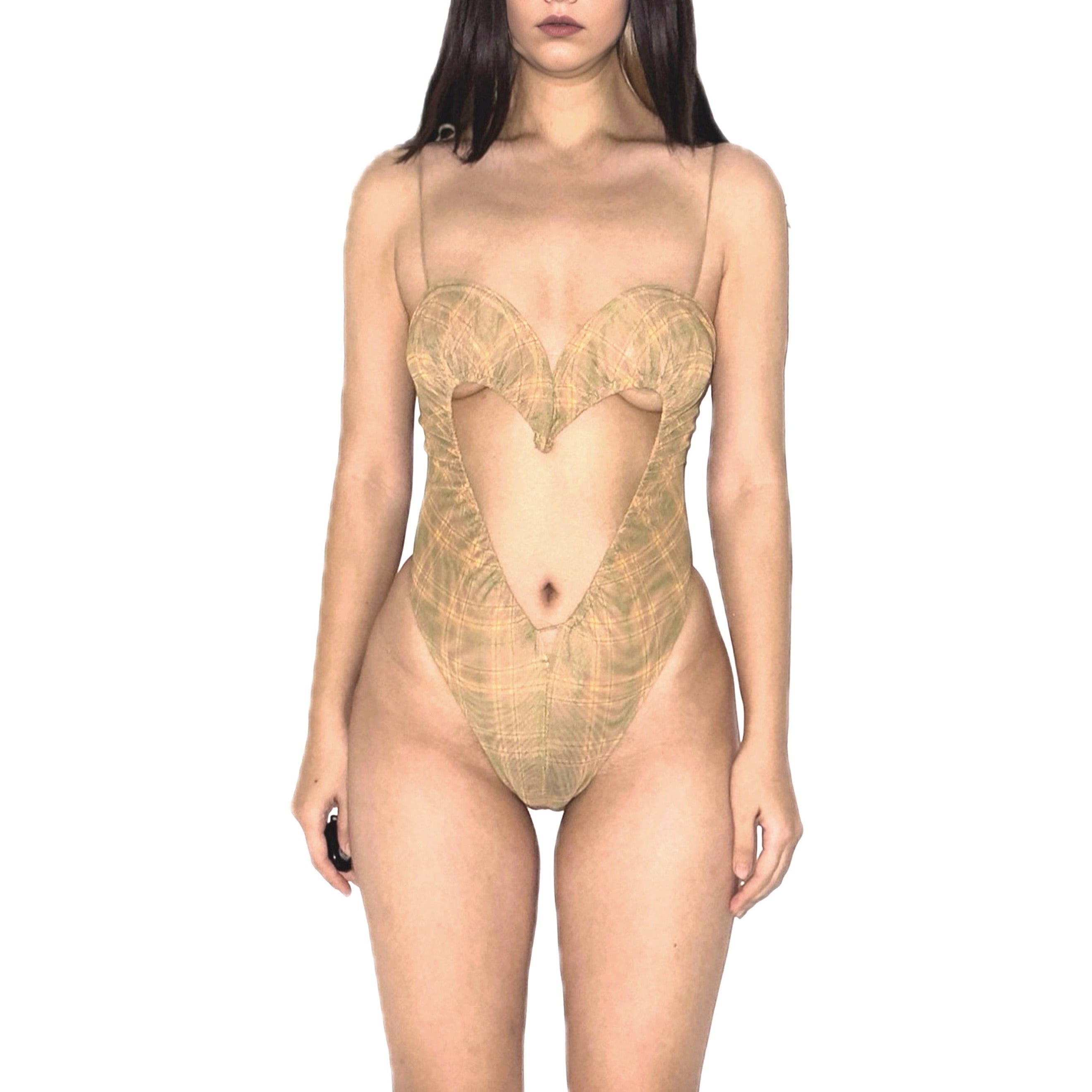 Ruched Heart Cutout One-Piece Swimsuit Bodysuit Huang Tartan