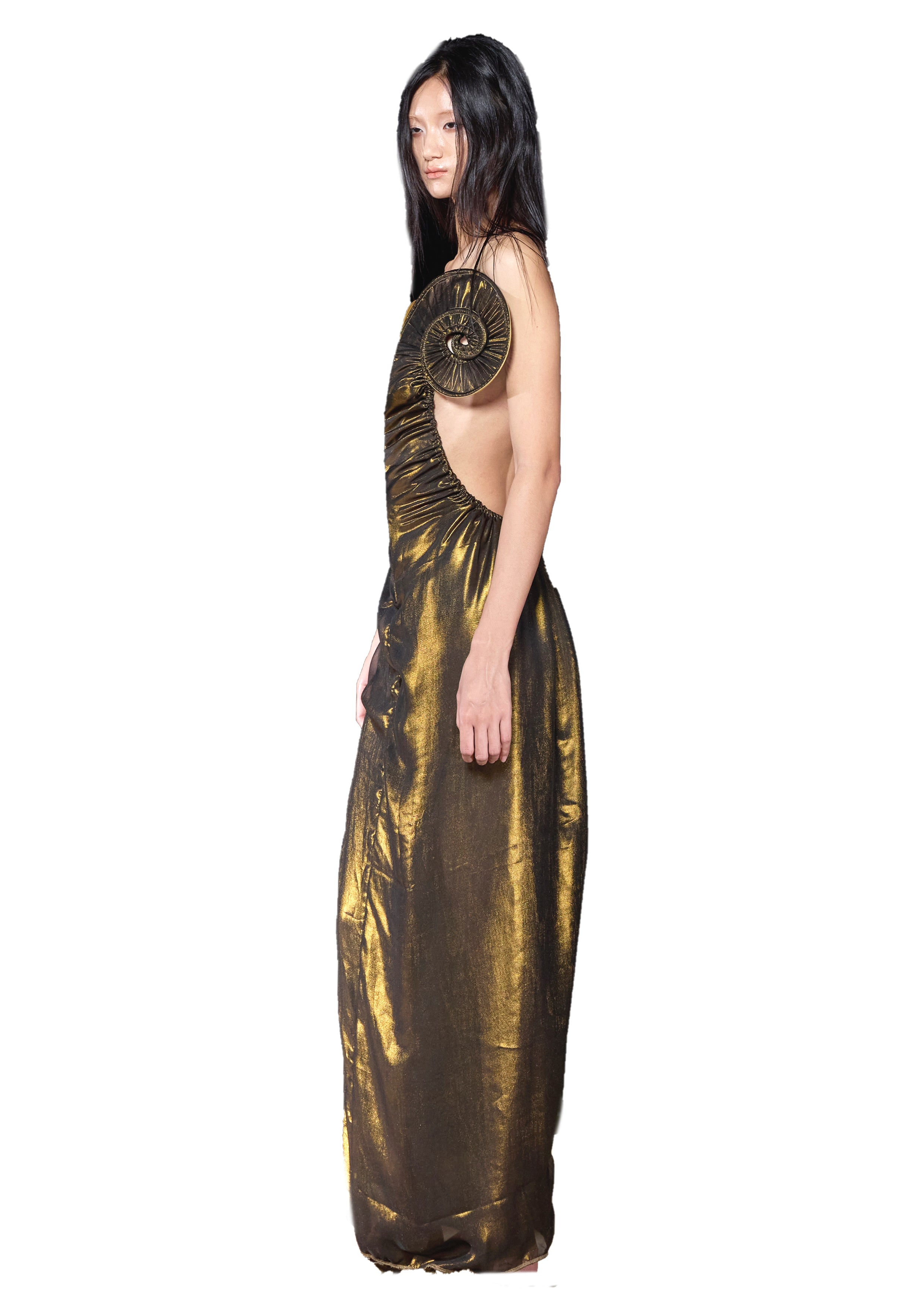 Draped Sea Shell Swirl Maxi Gown Glossy Gold taottao Draped Sea Shell Swirl Maxi Gown Glossy Gold taottao