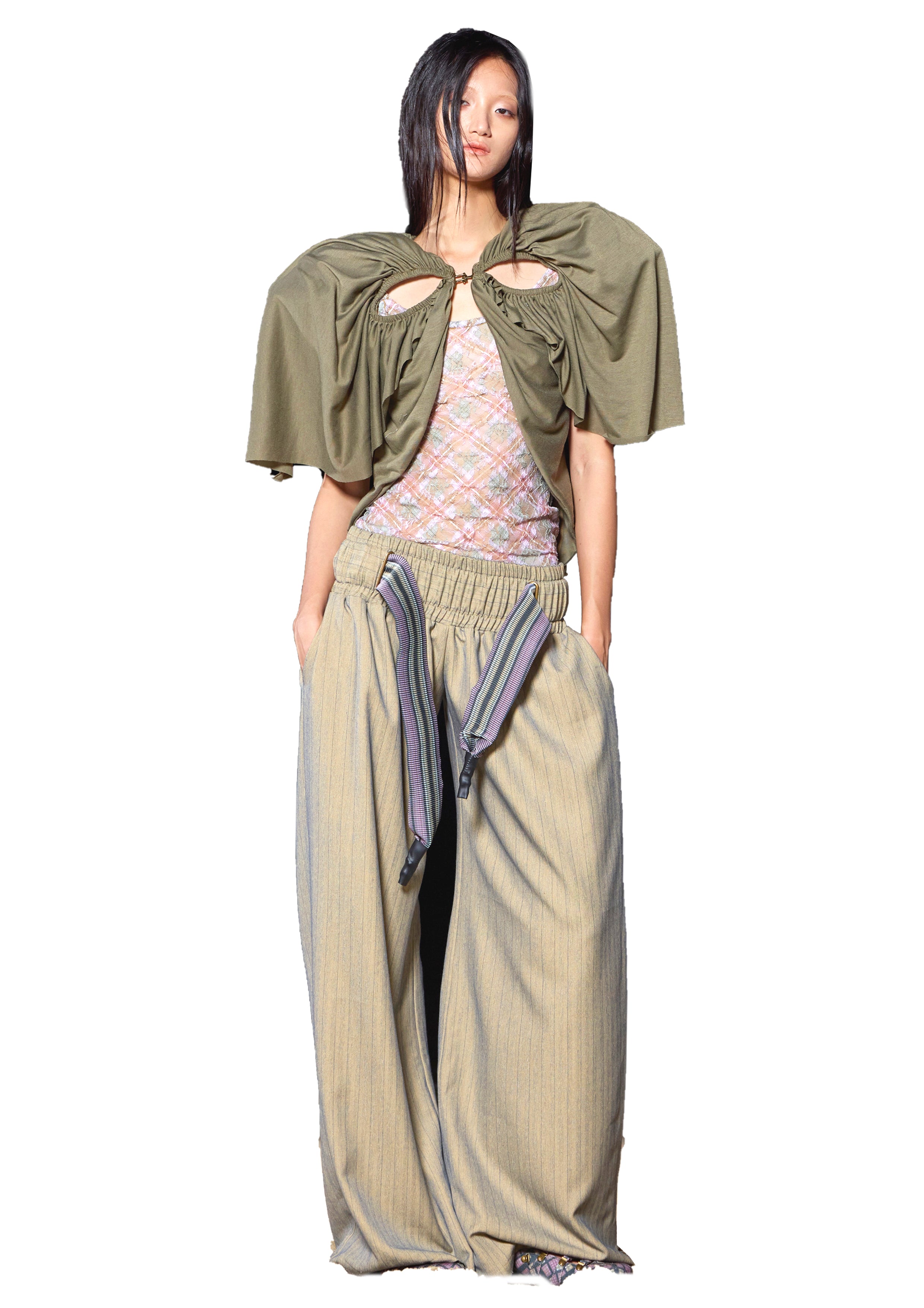 Low-rise Stripe Suiting Oversized Baggy Pants w/ Rib Band Beige