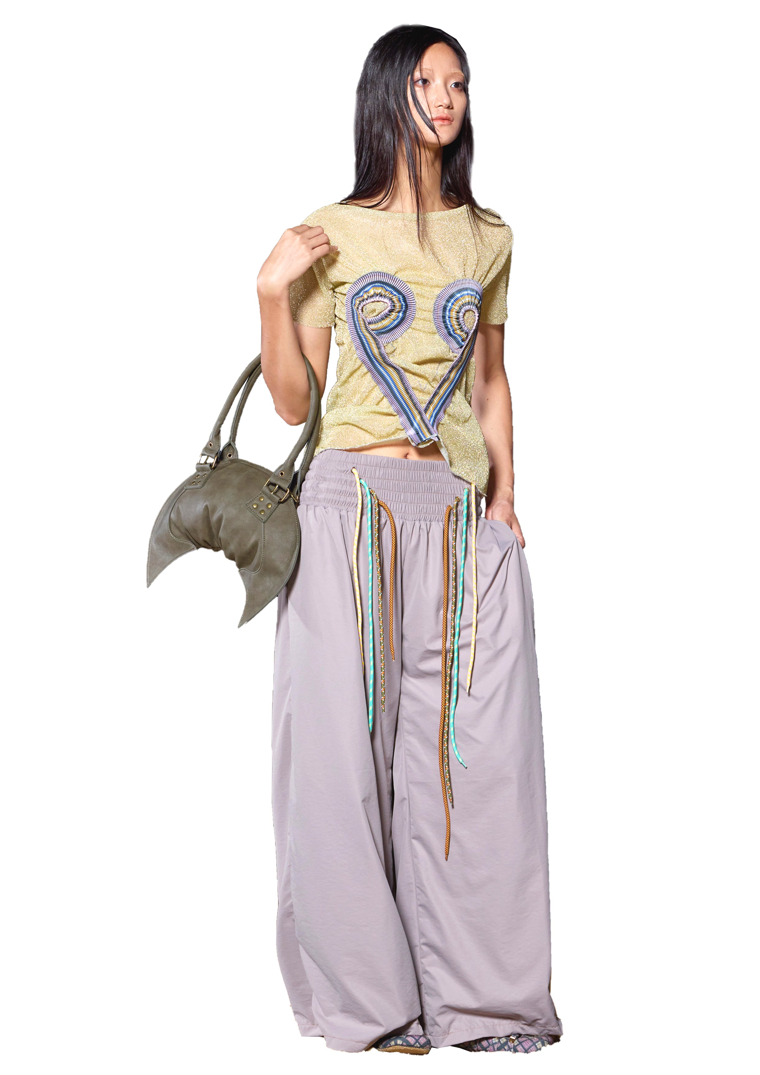 Low-rise Nylon Sports Oversized Baggy Pants w/ 4 Strings Thistle