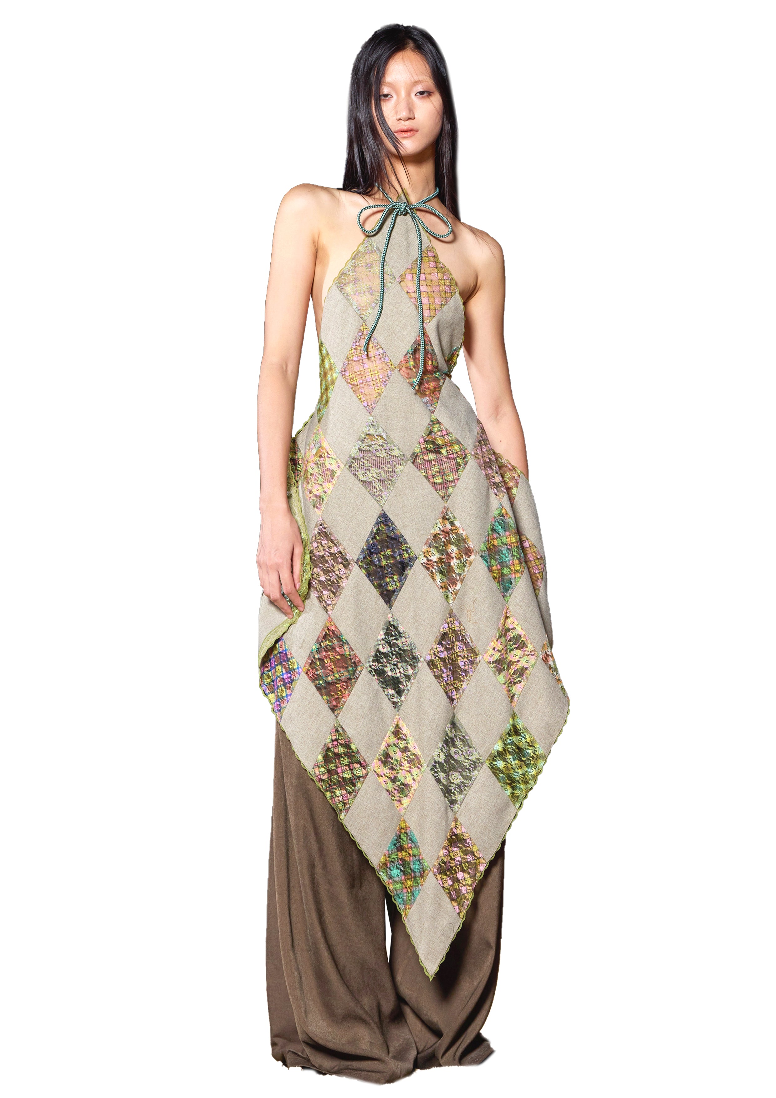 Plaid Lace Patchwork Halter Top Apron Dress taottao Plaid Lace Patchwork Halter Top Apron Dress taottao