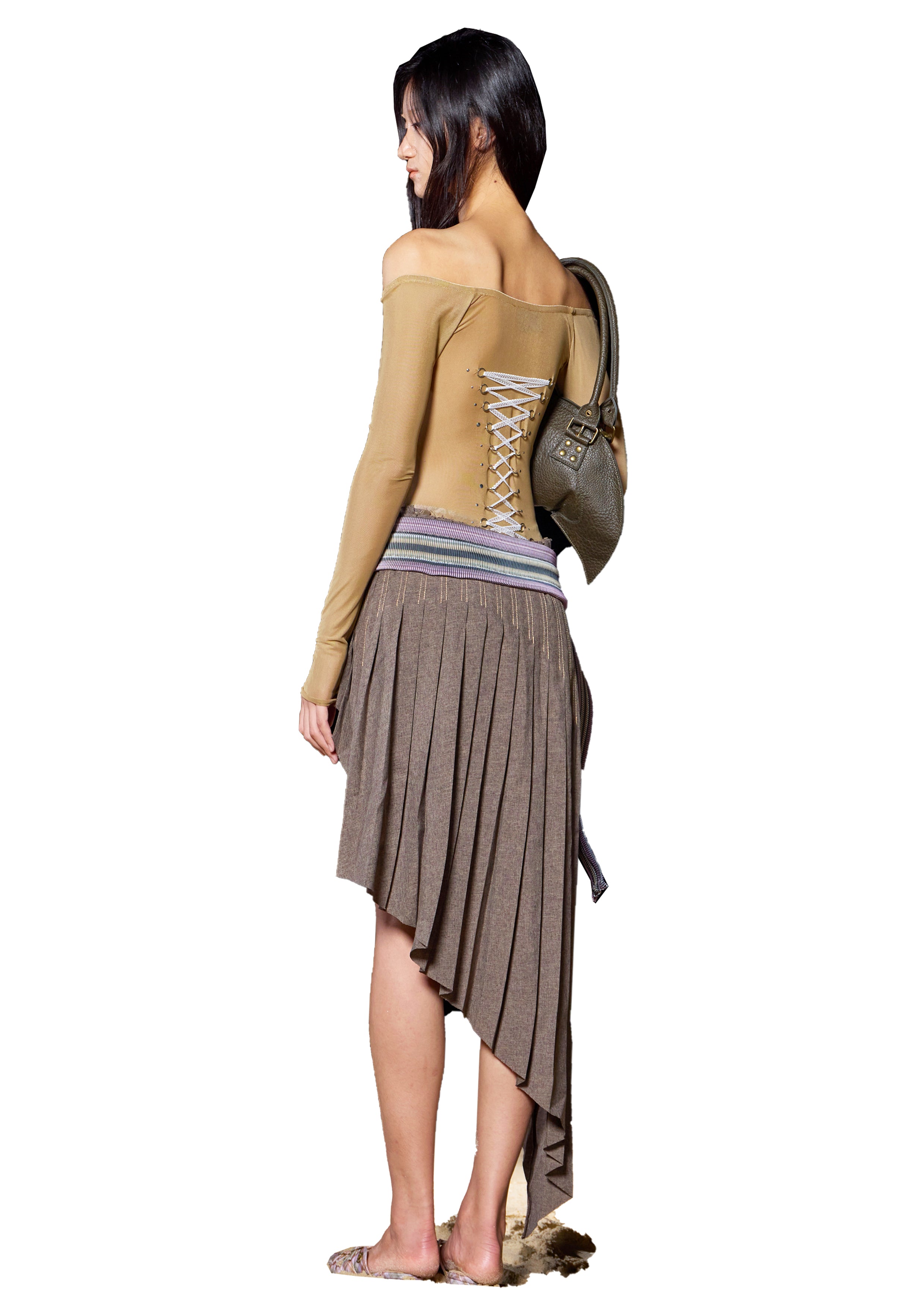 Beige Mesh Lace Up Corset Piercing Bowtie Top