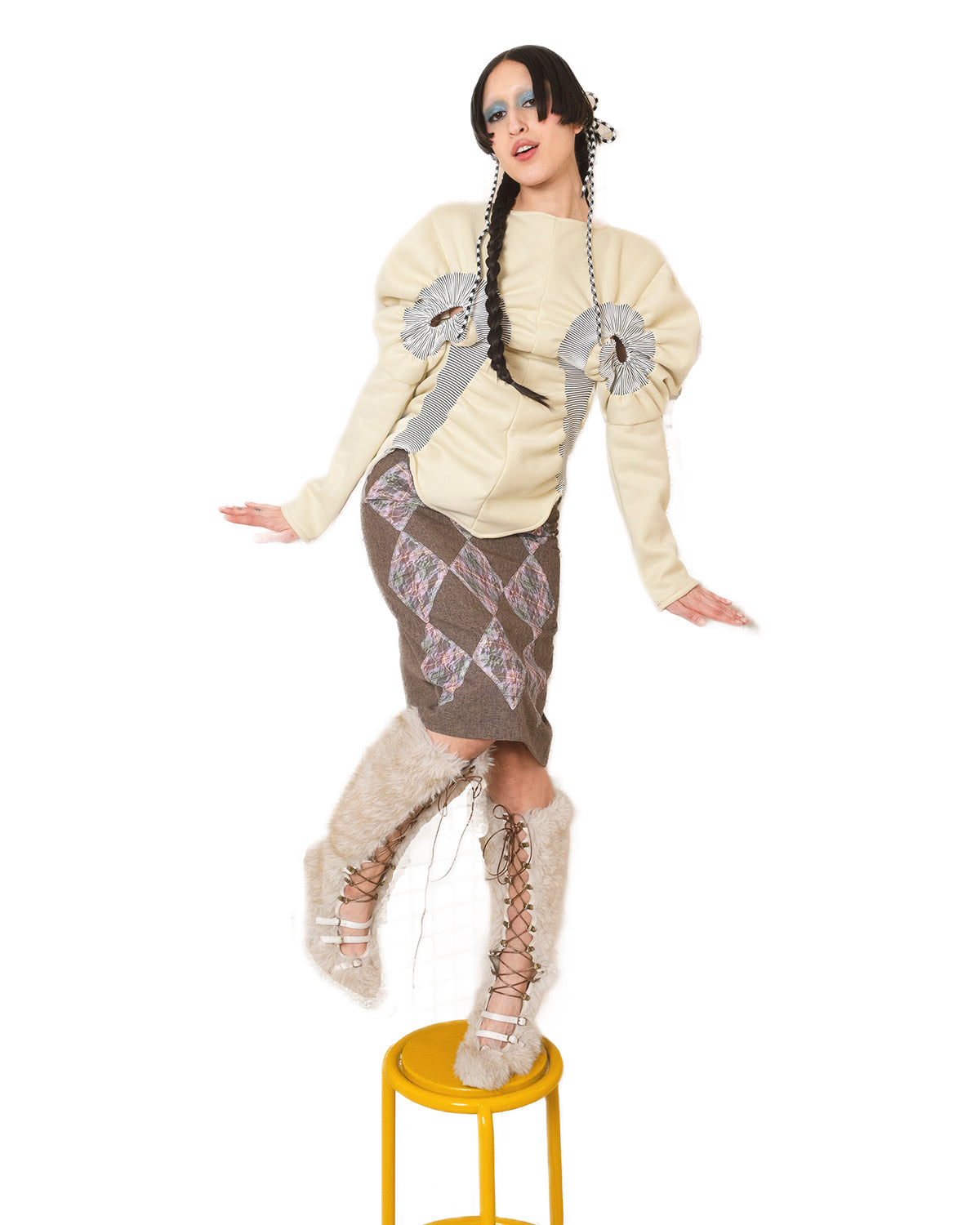 Cream Yellow Rib Patched Swirl Sweatshirt Top
