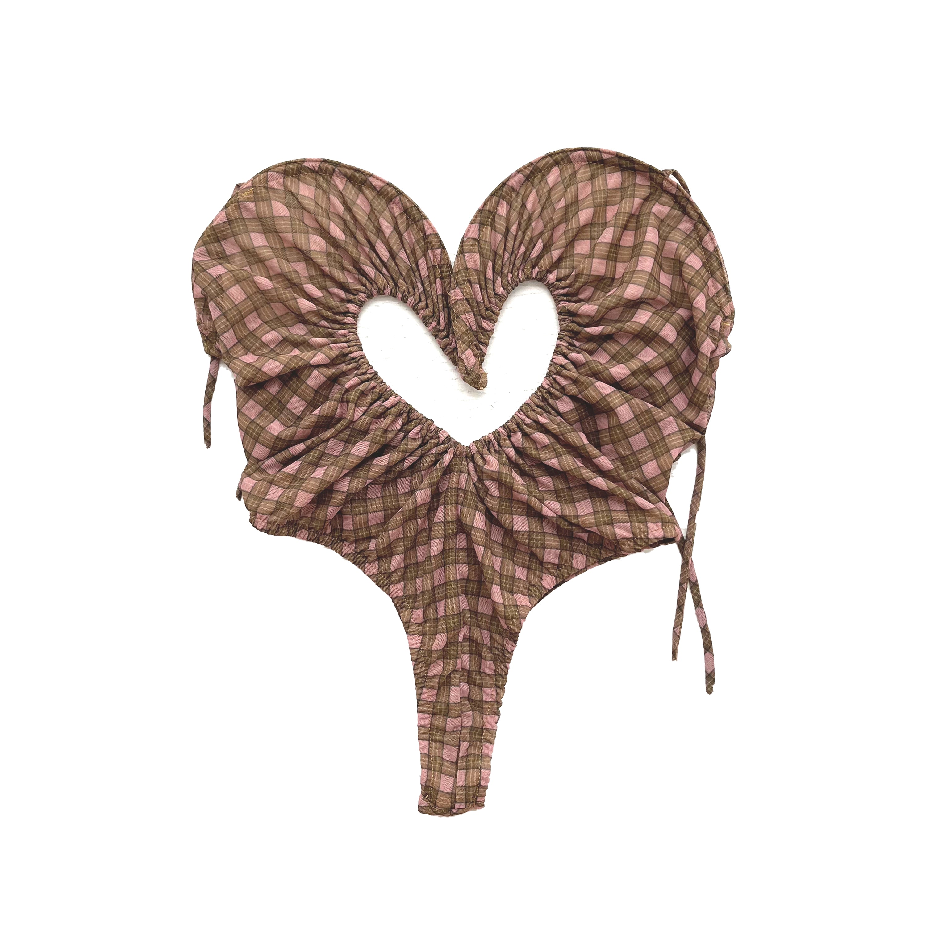 Ruched Heart Cutout One-Piece Swimsuit Bodysuit Pink Checker