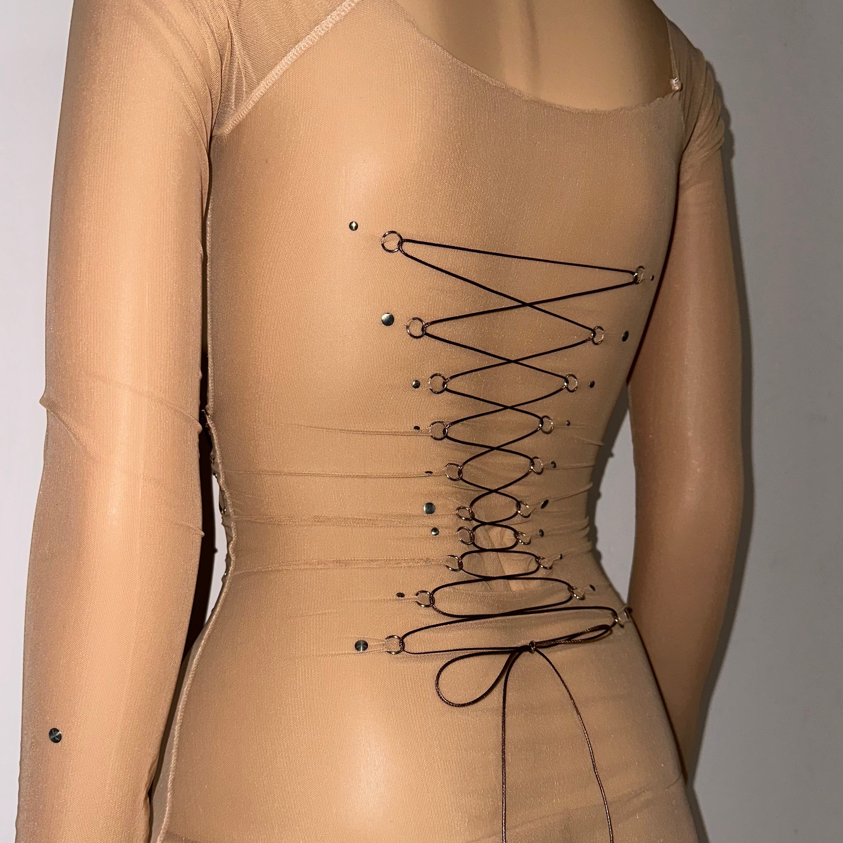 Beige Mesh Lace Up Corset Piercing Bowtie Top