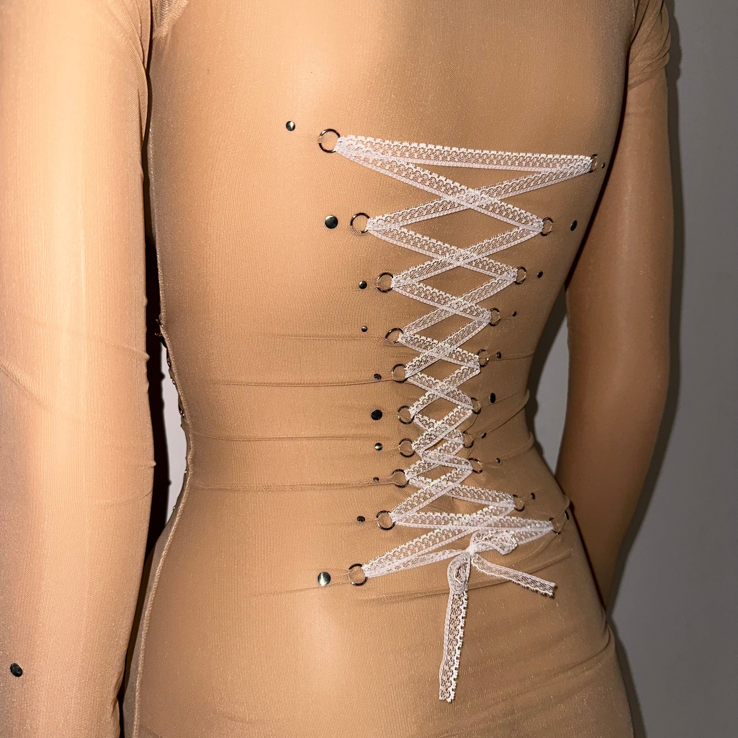 Beige Mesh Lace Up Corset Piercing Bowtie Top