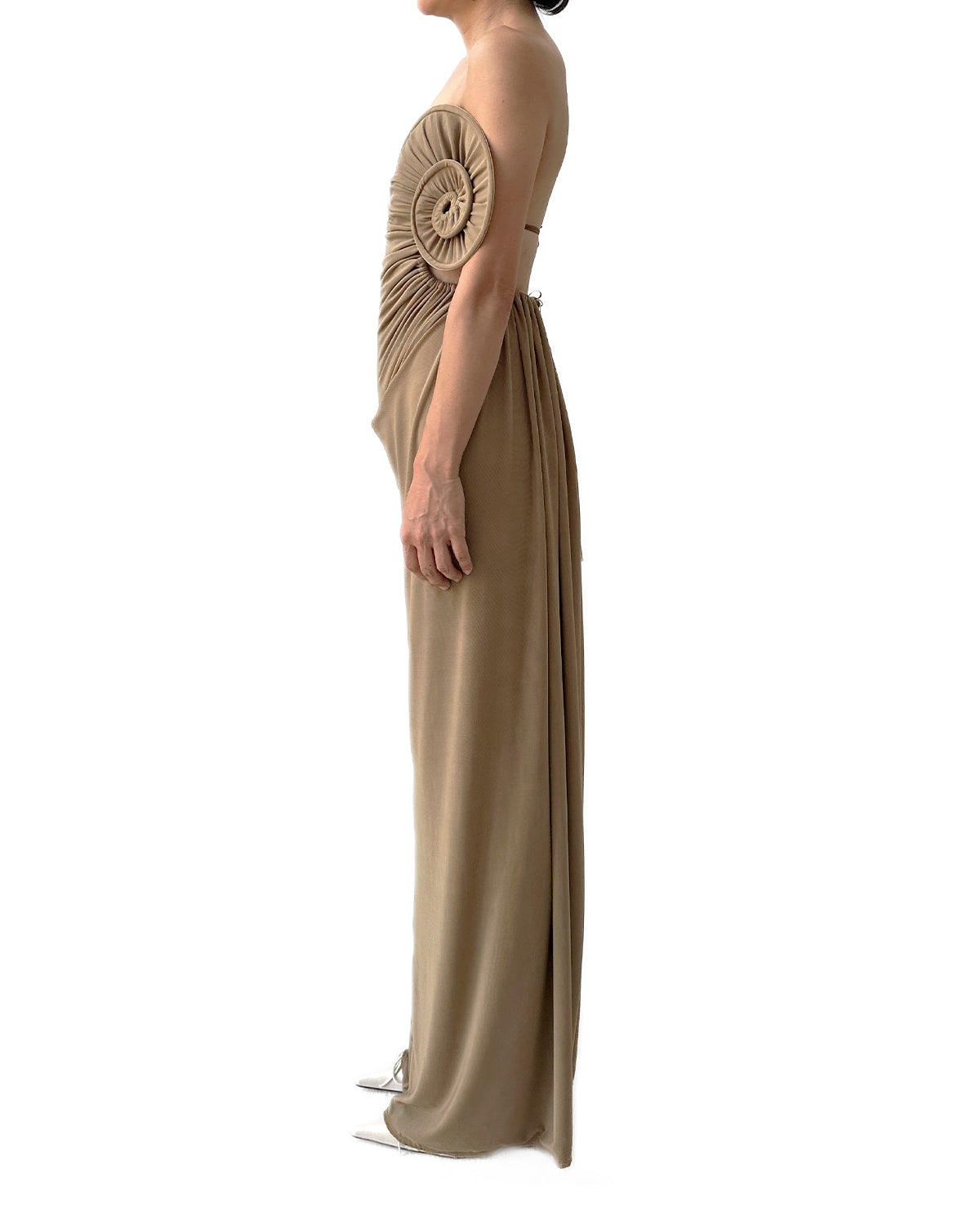 Draped Sea Shell Swirl Maxi Gown Khaki taottao Draped Sea Shell Swirl Maxi Gown Khaki taottao