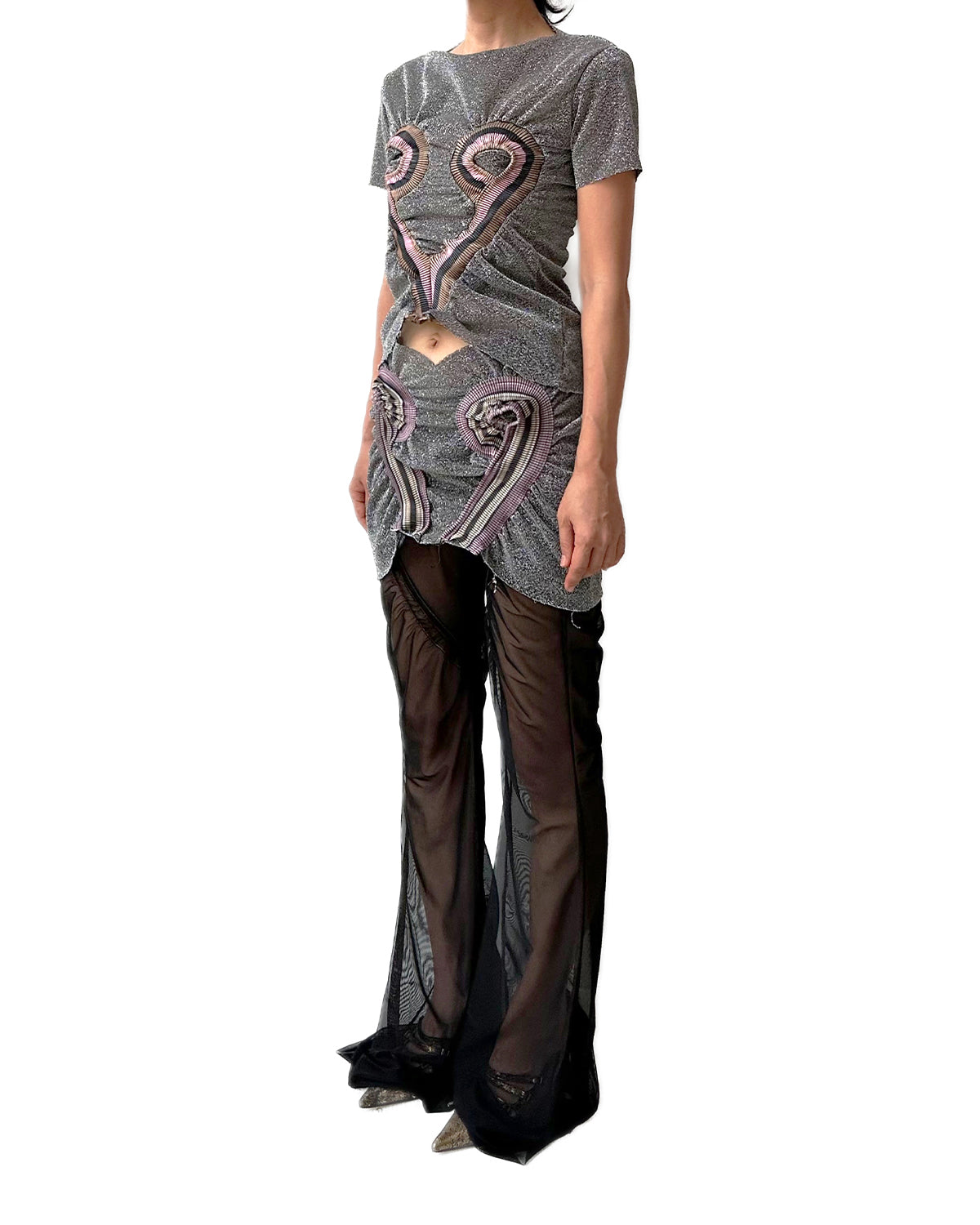 Metallic Silver Top Stripe Rib Patched Heart Shape Tee T-shirt