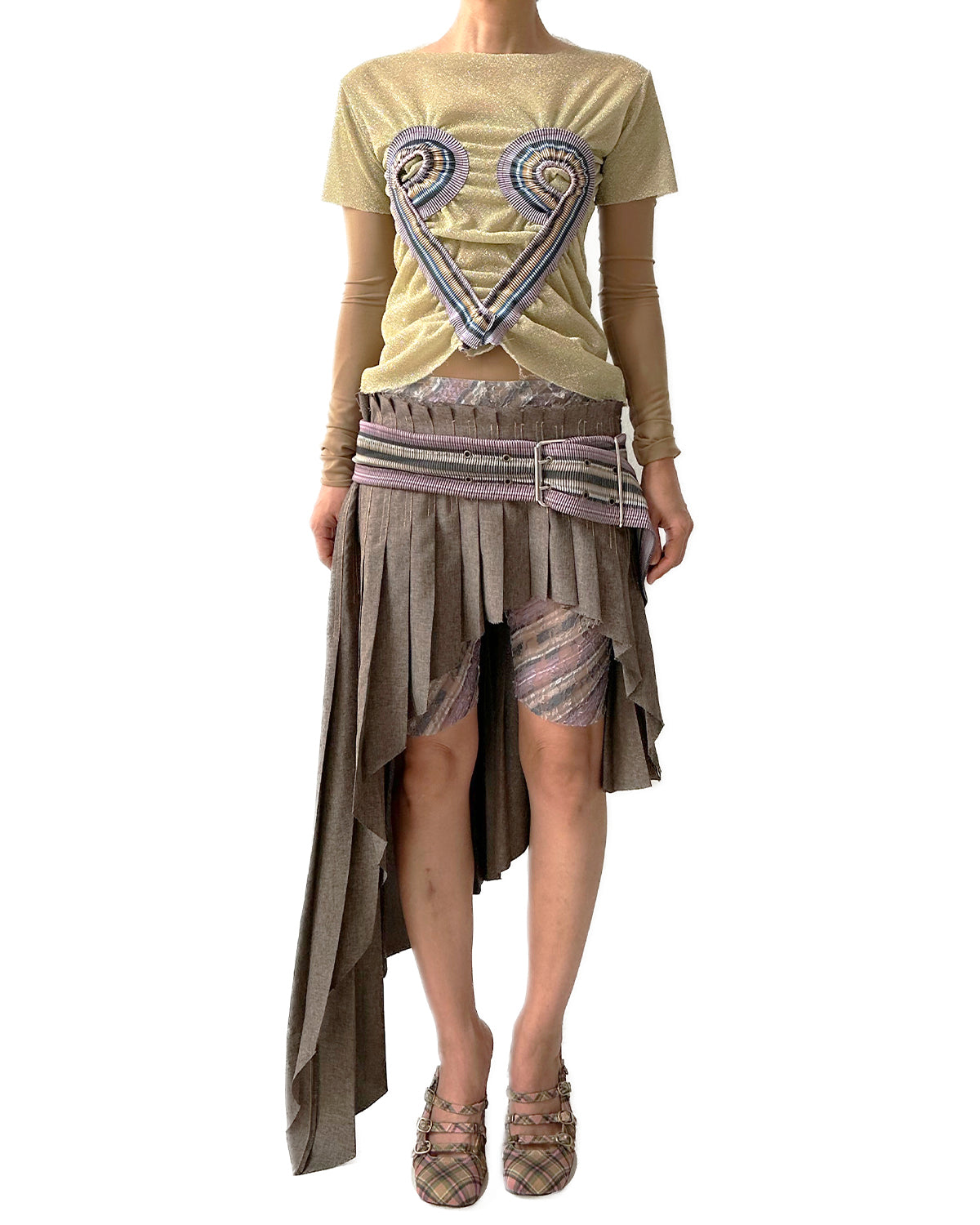 Metallic Yellow Top Stripe Rib Patched Heart Shape Tee T-shirt