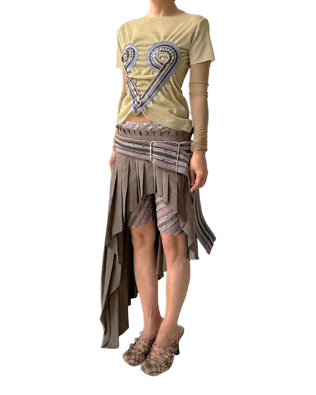 Metallic Yellow Top Stripe Rib Patched Heart Shape Tee T-shirt