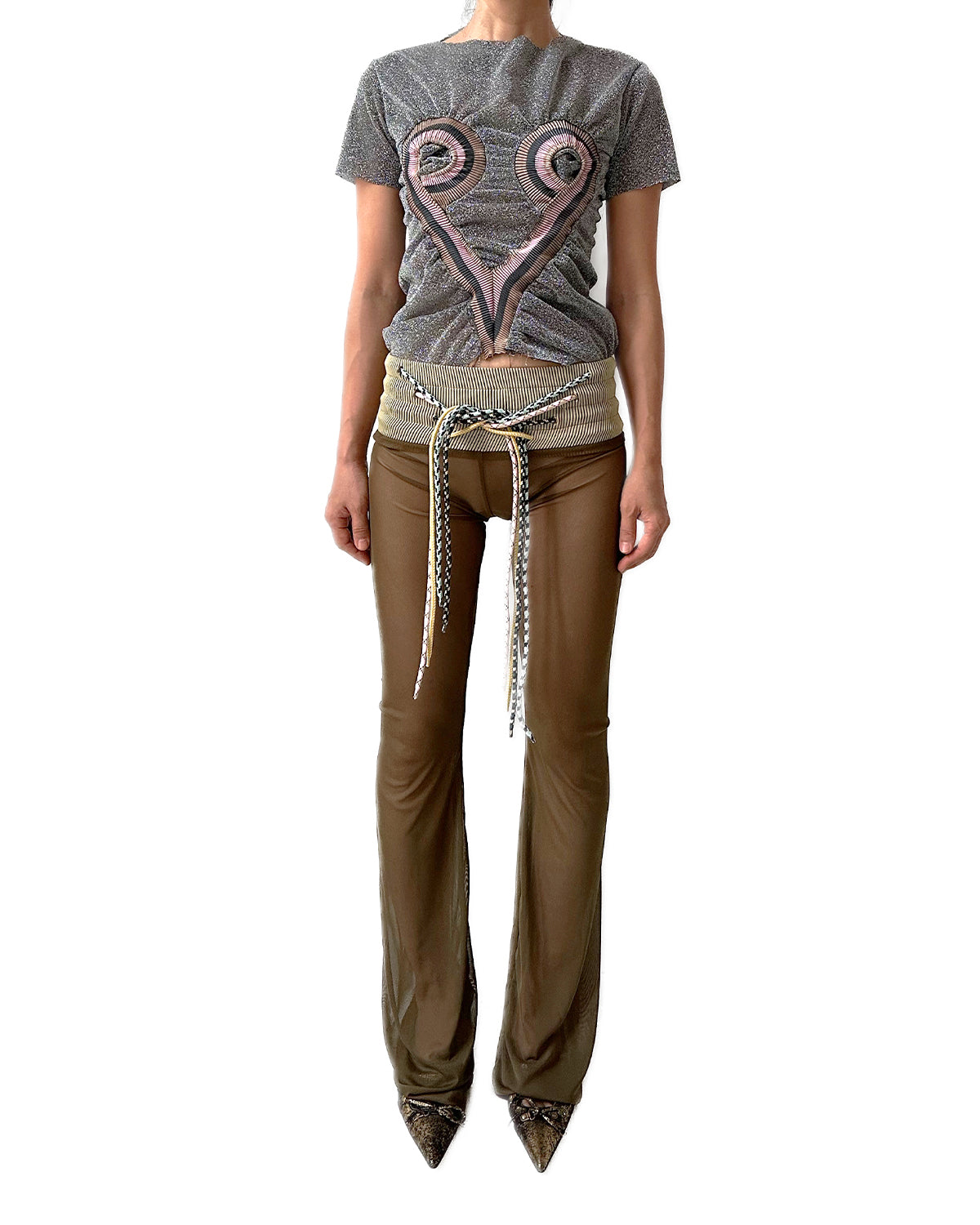 Metallic Silver Top Stripe Rib Patched Heart Shape Tee T-shirt