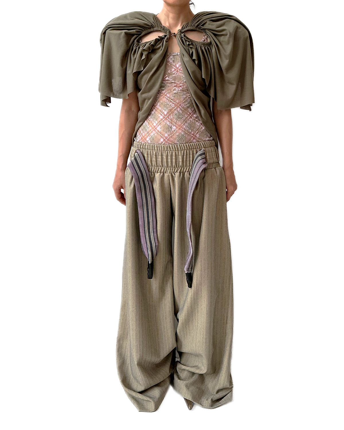 Low-rise Stripe Suiting Oversized Baggy Pants w/ Rib Band Beige