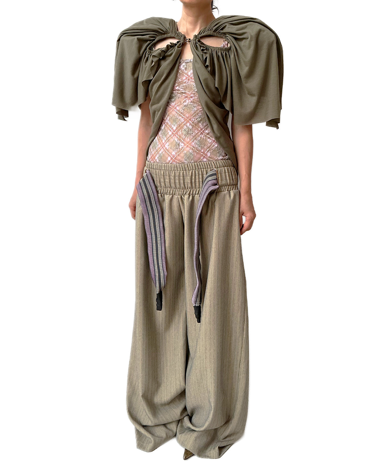Low-rise Stripe Suiting Oversized Baggy Pants w/ Rib Band Beige