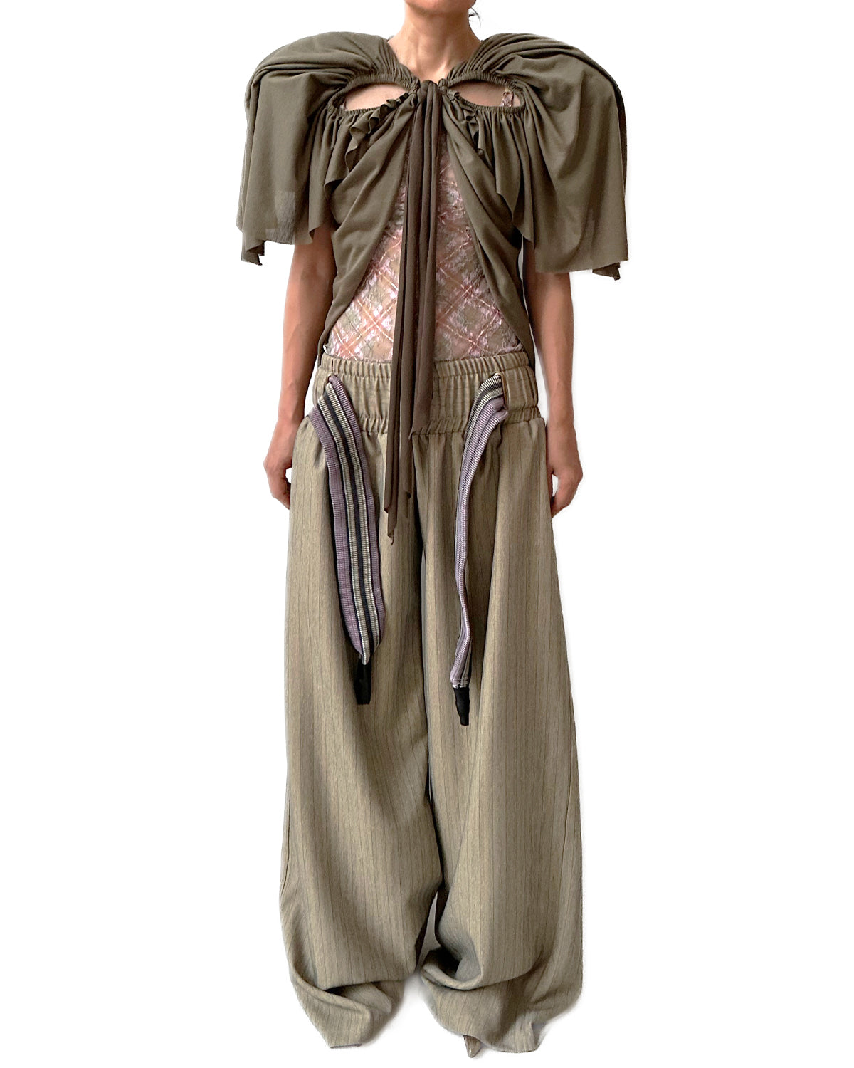 Low-rise Stripe Suiting Oversized Baggy Pants w/ Rib Band Beige
