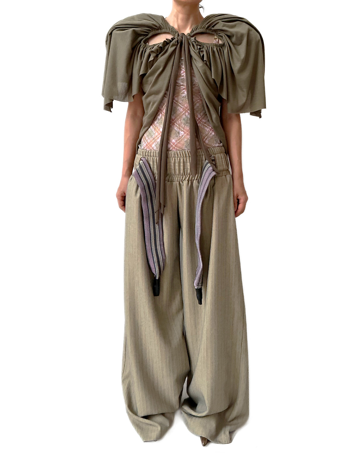 Low-rise Stripe Suiting Oversized Baggy Pants w/ Rib Band Beige