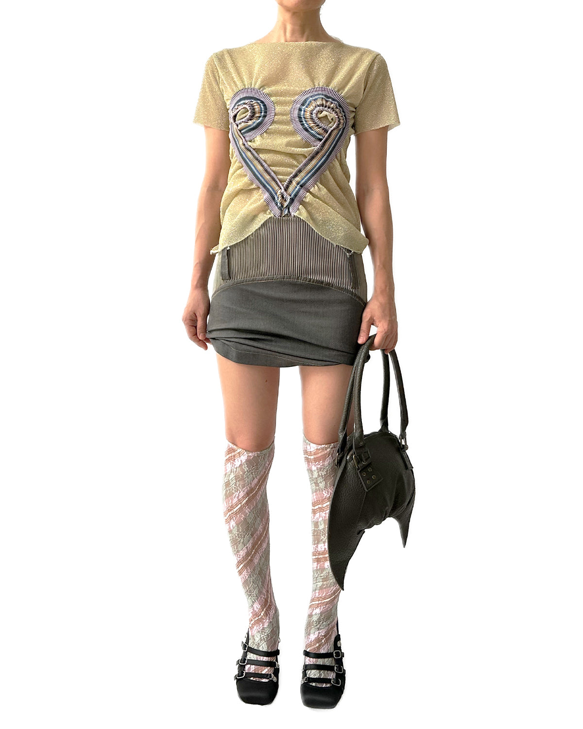 Metallic Yellow Top Stripe Rib Patched Heart Shape Tee T-shirt