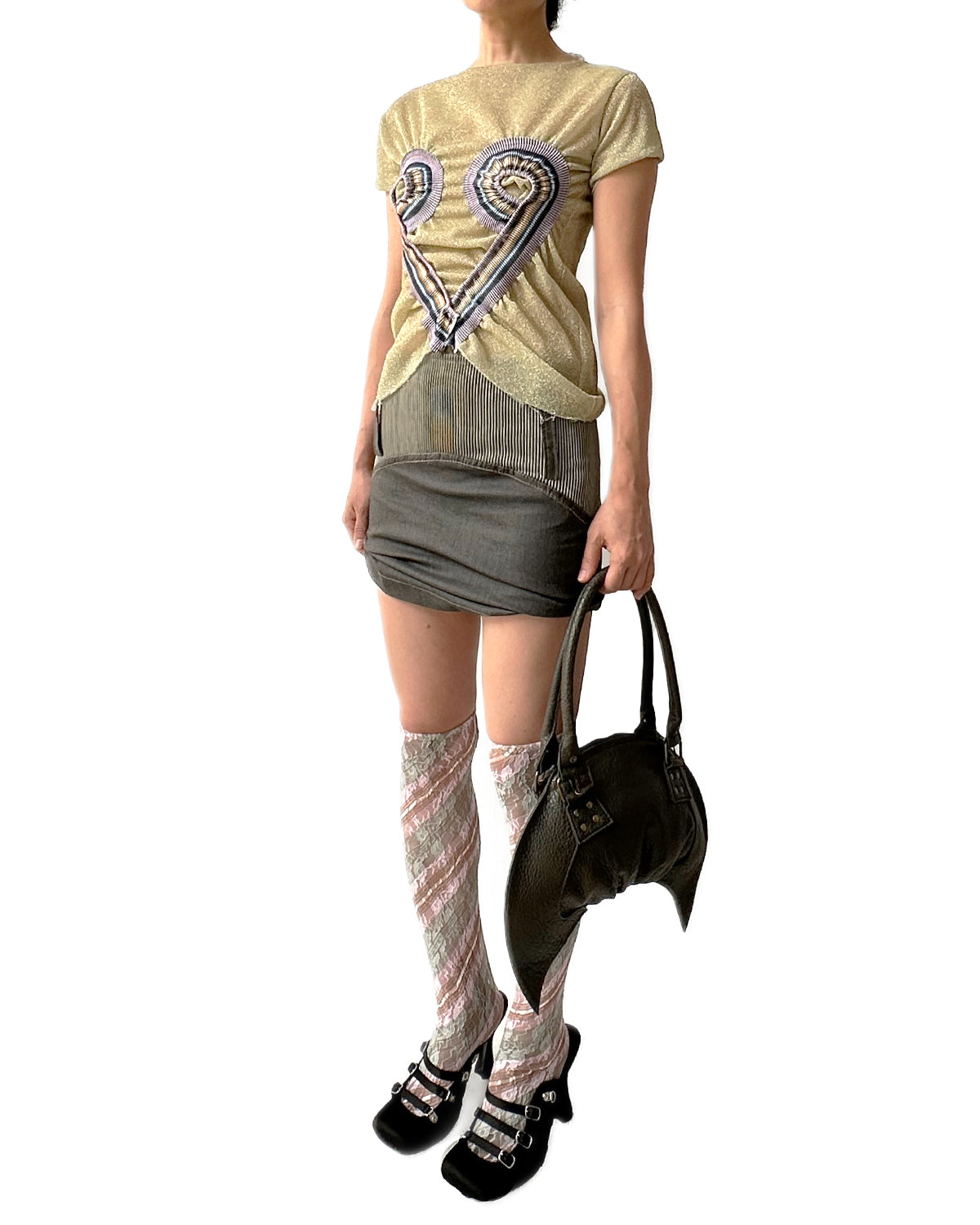 Metallic Yellow Top Stripe Rib Patched Heart Shape Tee T-shirt