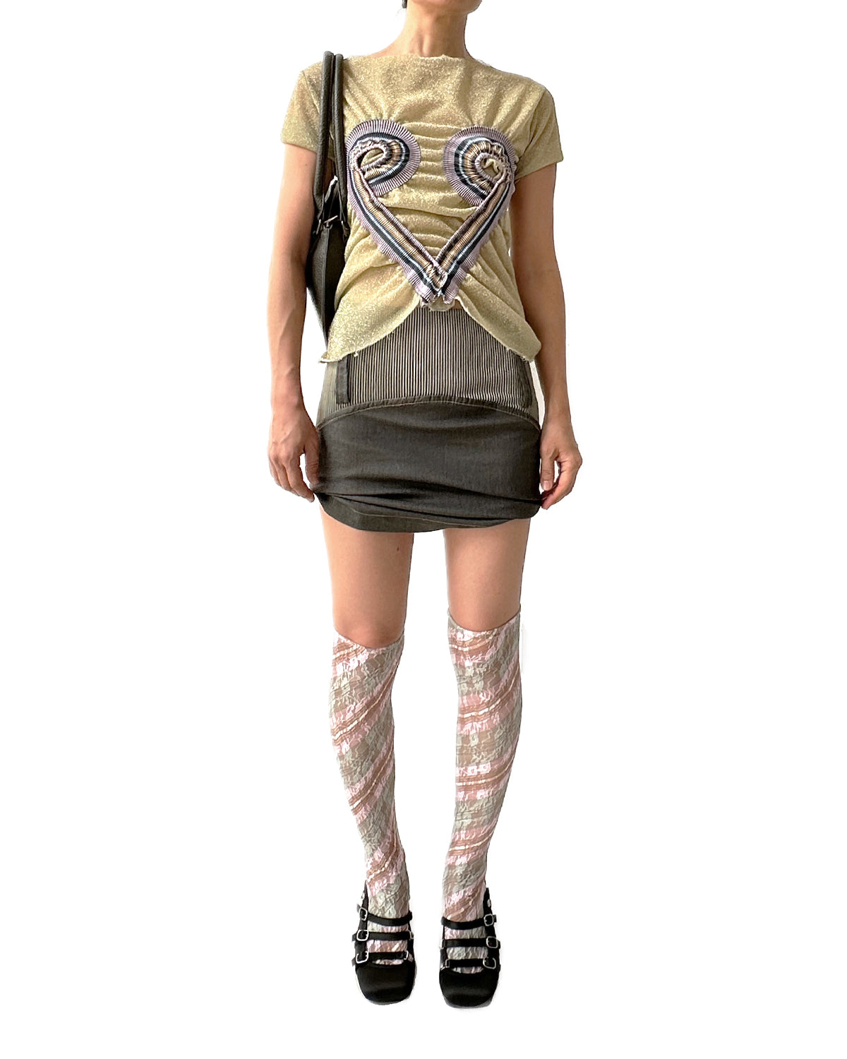 Metallic Yellow Top Stripe Rib Patched Heart Shape Tee T-shirt
