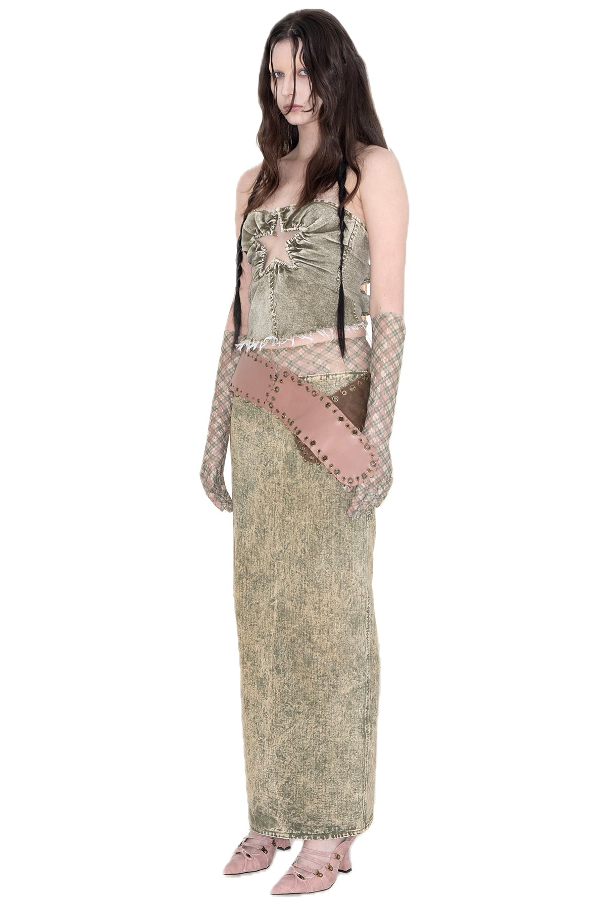 Cropped Stretch Denim Star Cutout Tube Top Corset Green