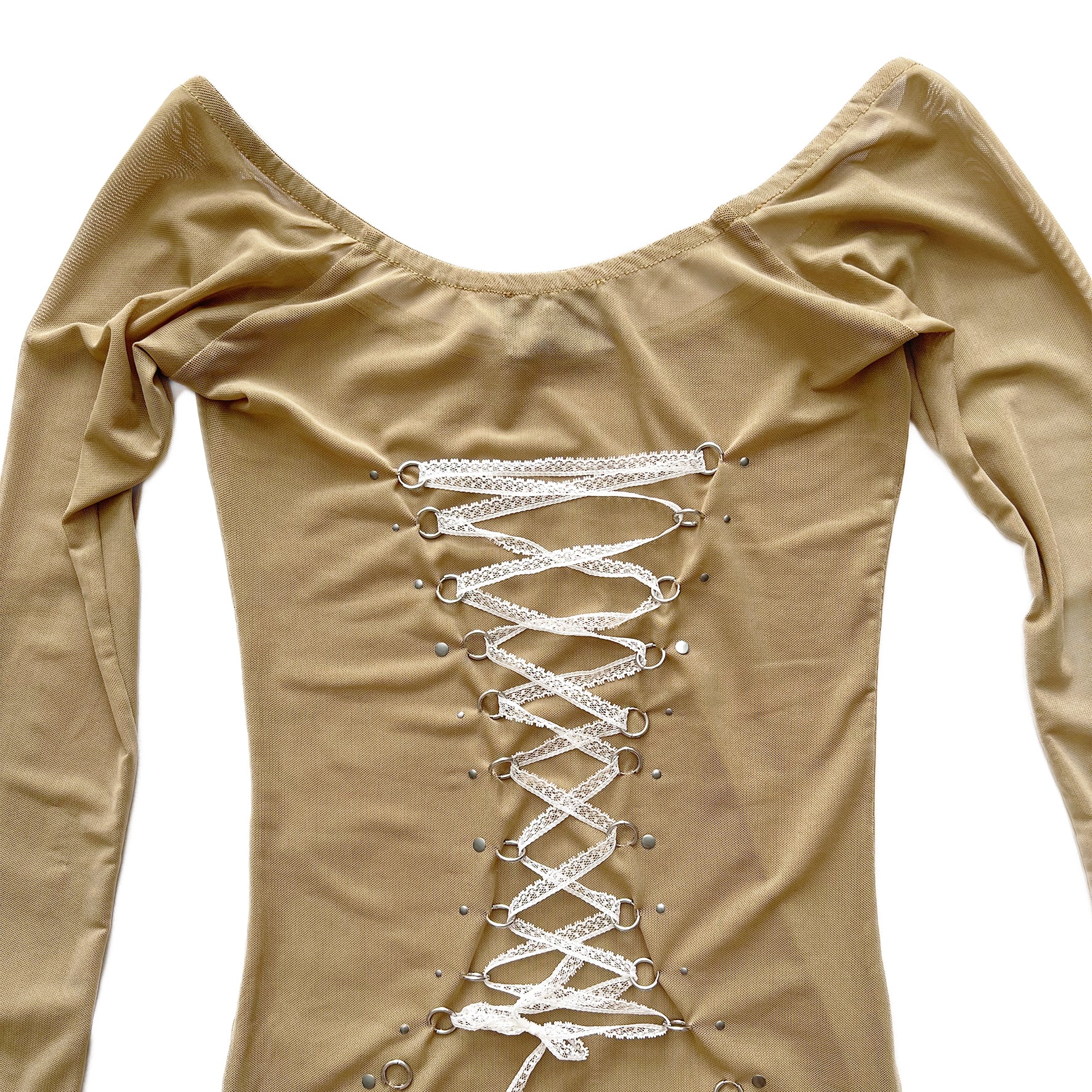 Beige Mesh Lace Up Corset Piercing Bowtie Top