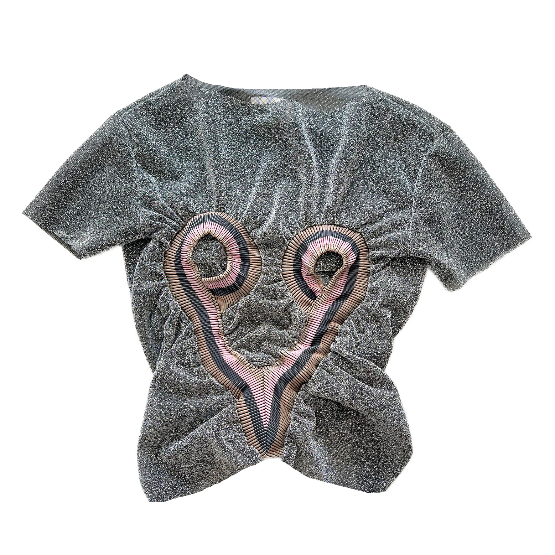 Metallic Silver Top Stripe Rib Patched Heart Shape Tee T-shirt