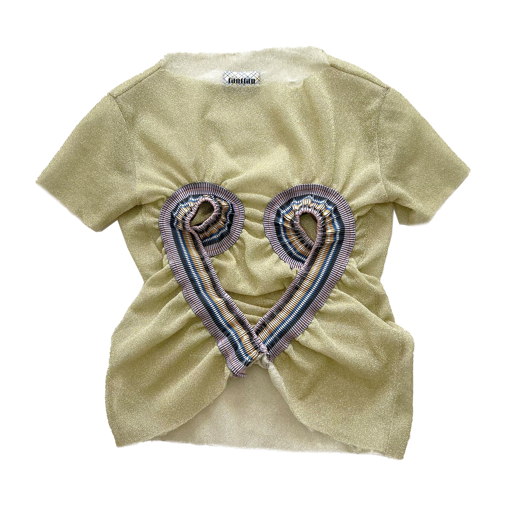 Metallic Yellow Top Stripe Rib Patched Heart Shape Tee T-shirt