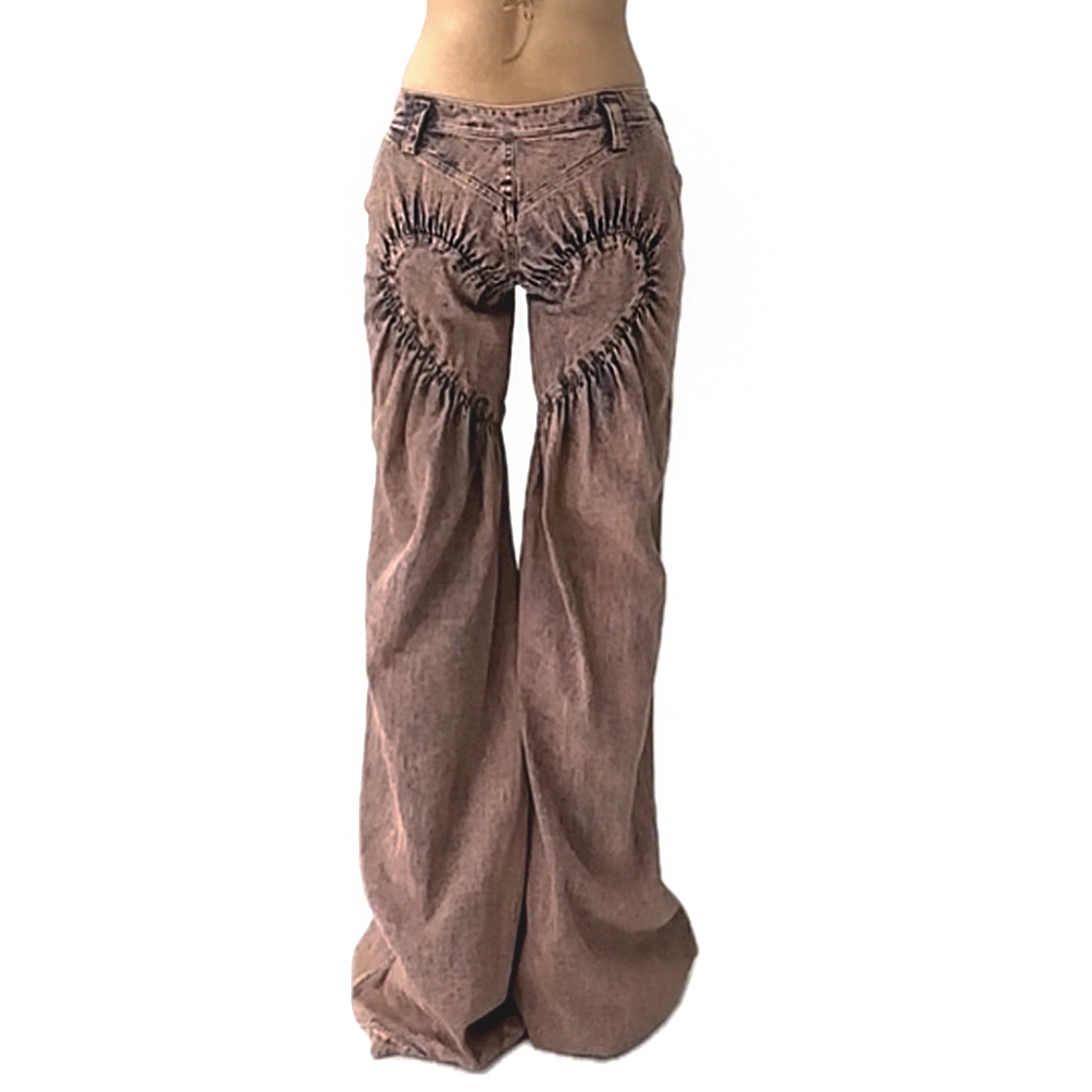 Unisex Ruched Heart Distressed Denim Jeans Pink