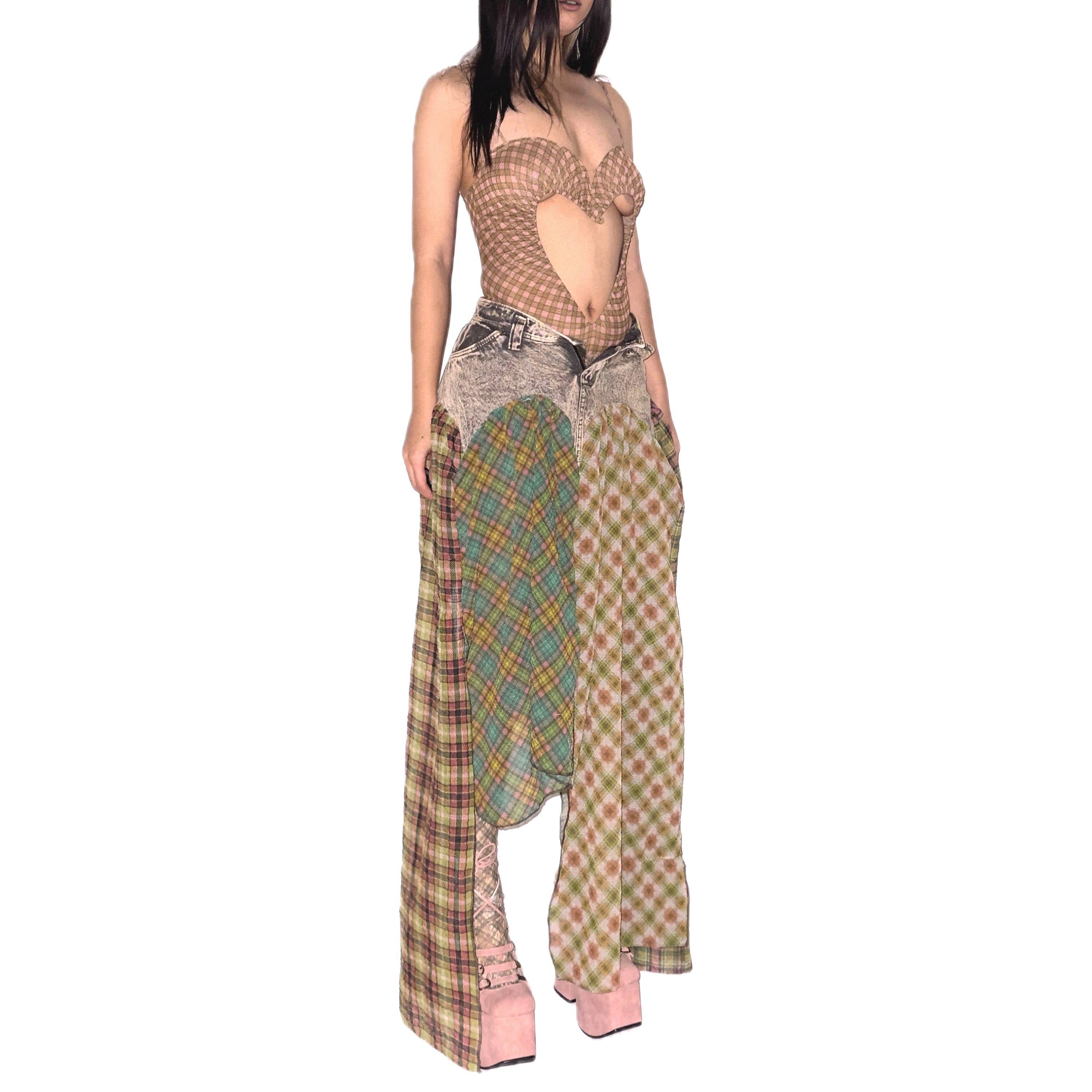 Denim Plaid Patchwork Bubble Chiffon Asymmetrical Maxi Skirt