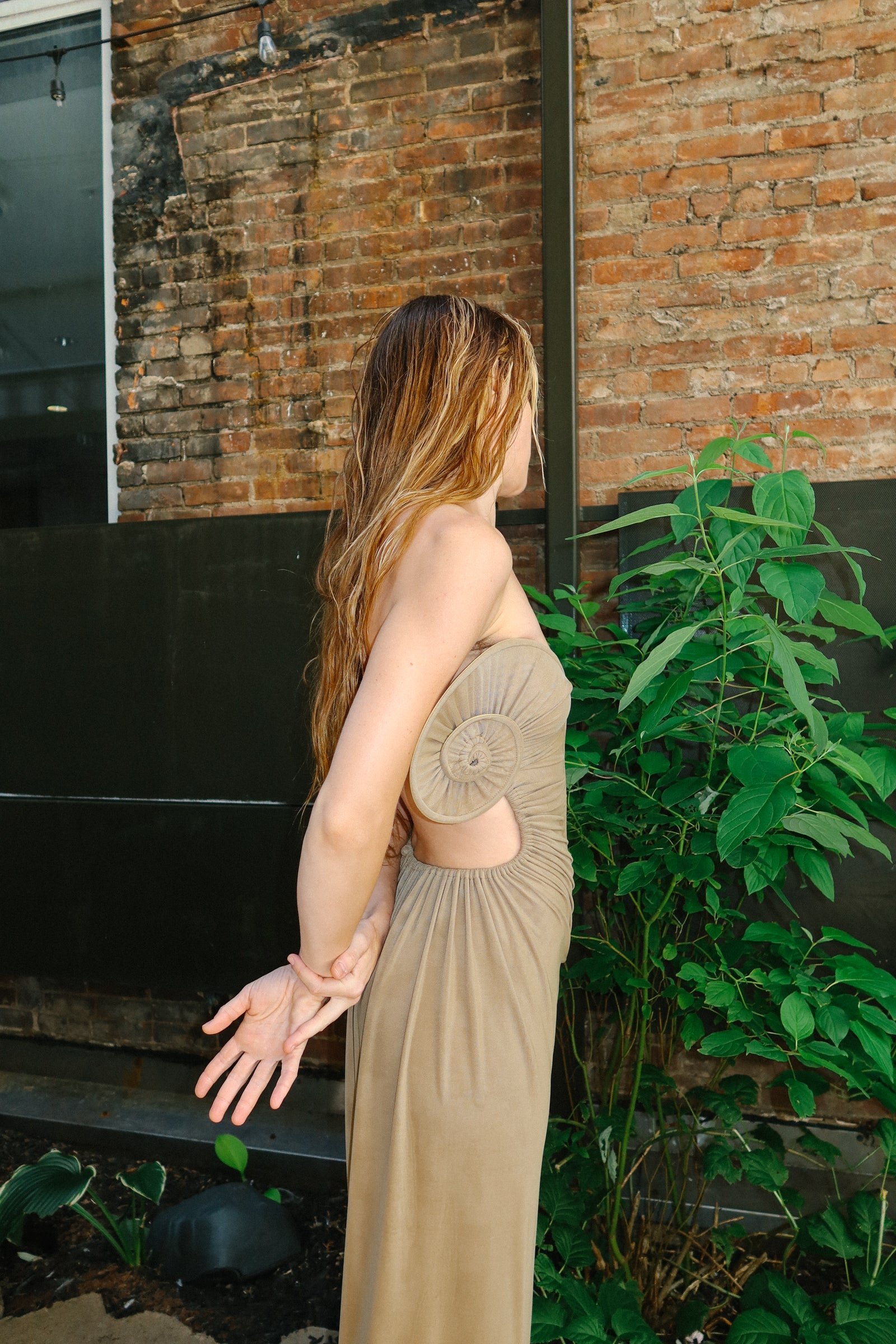 Draped Sea Shell Swirl Maxi Gown Khaki