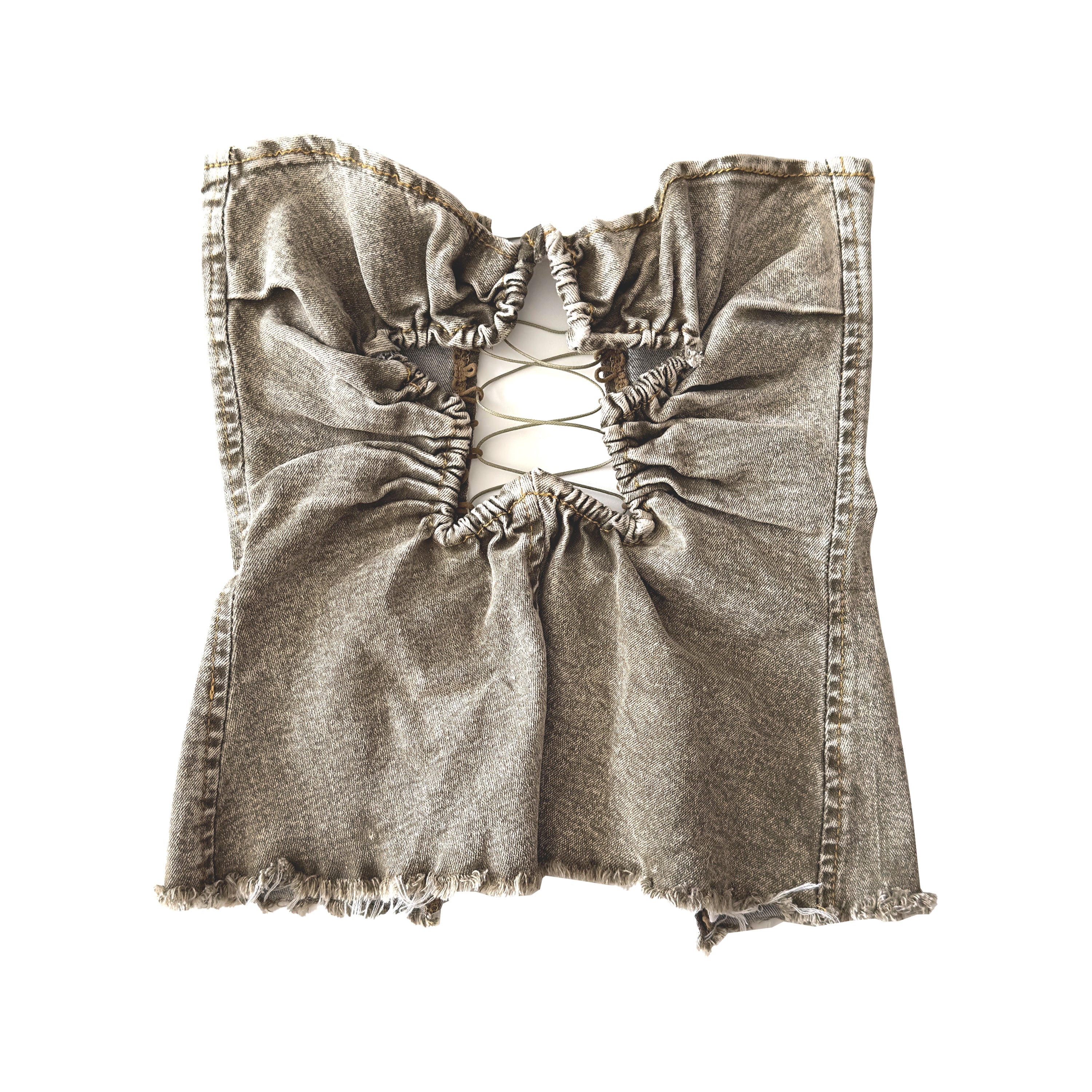 Cropped Stretch Denim Star Cutout Tube Top Corset Green