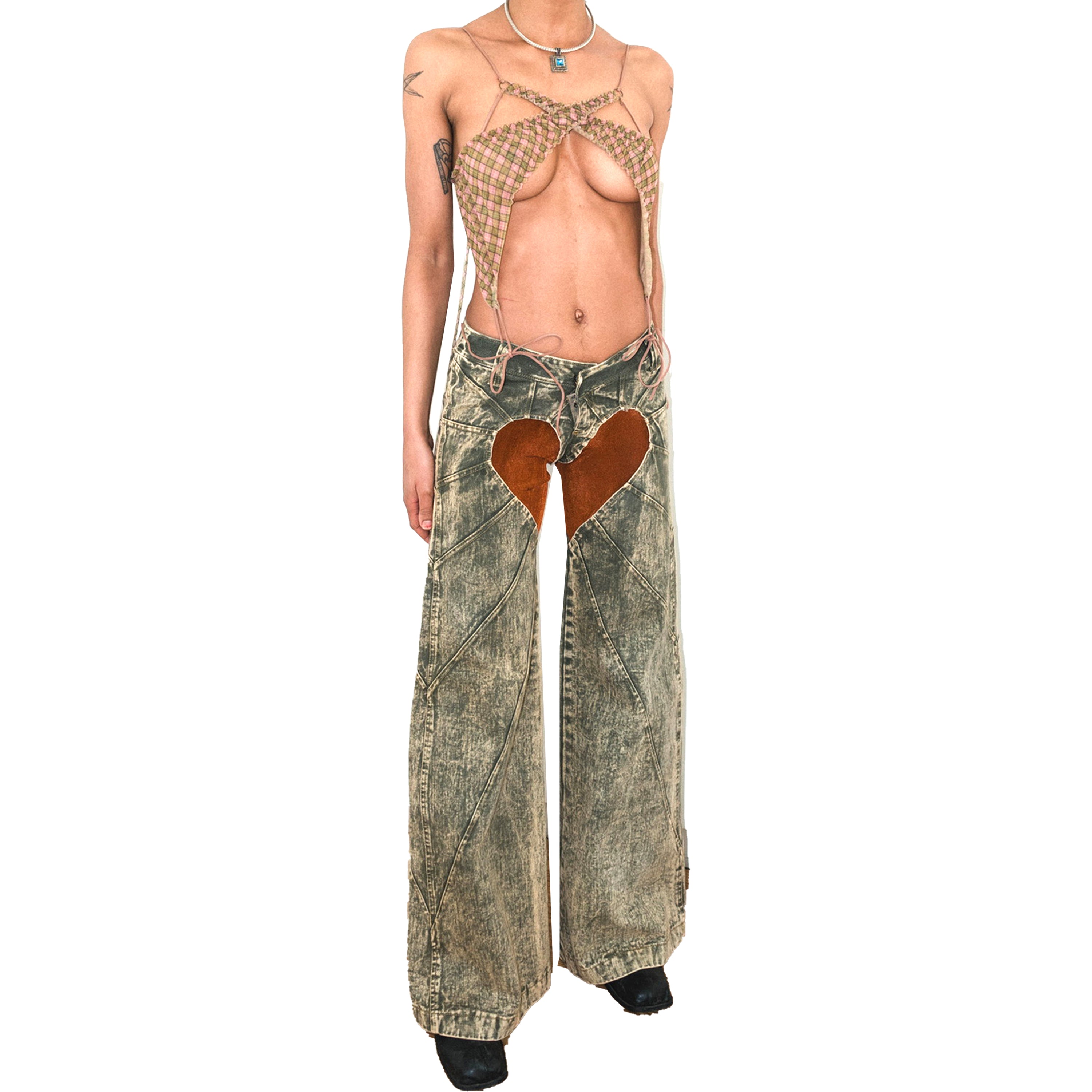 Denim Heart Jersey Rib Patch Oversized Jeans Green