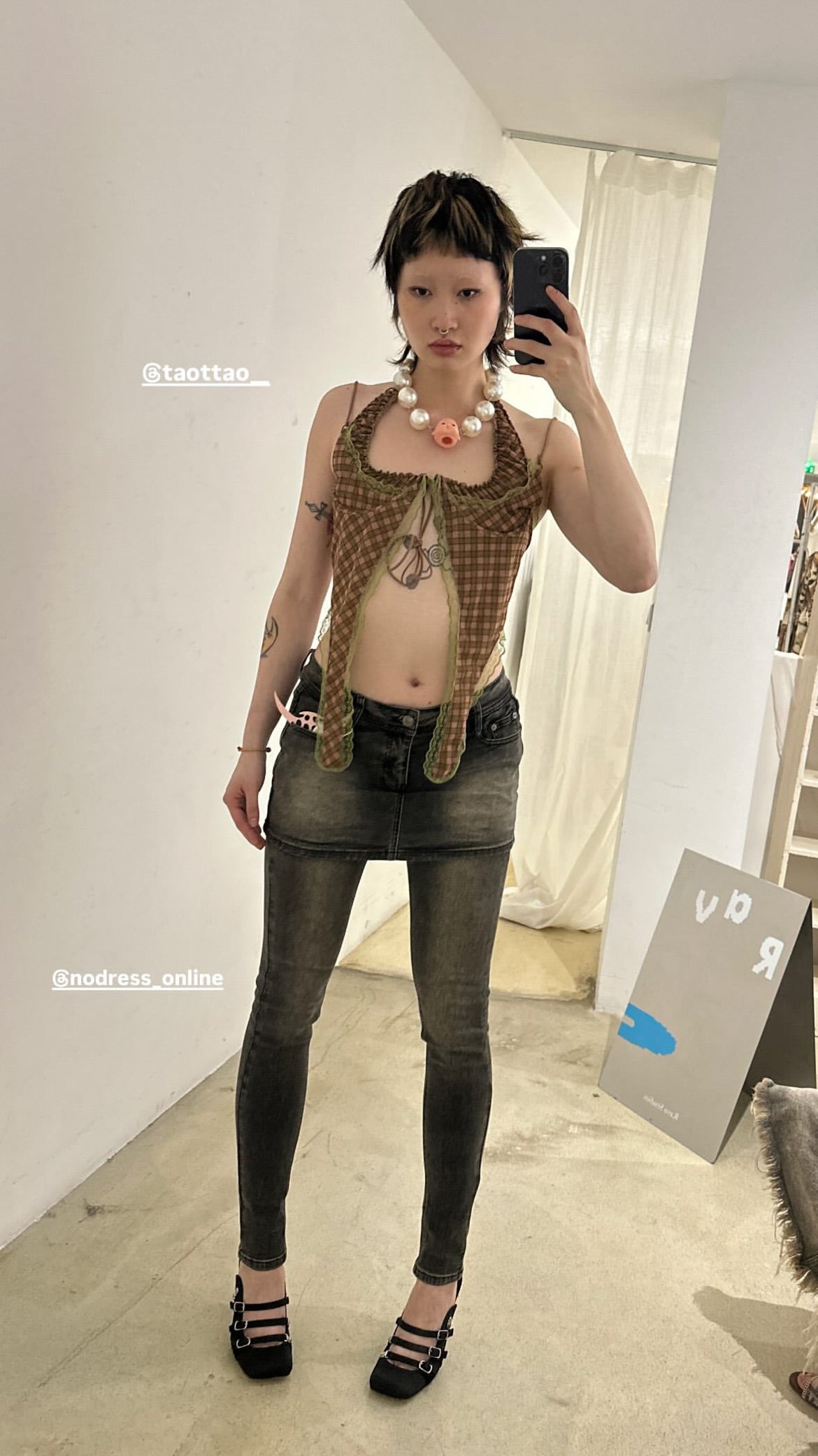 Plaid Mesh Lace Halter Top