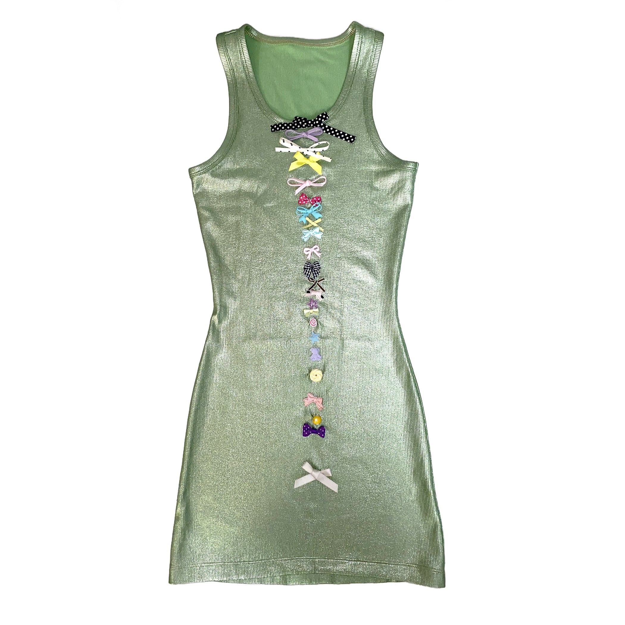 Glossy Grass Coated Rib Vest Mini Bows Dress