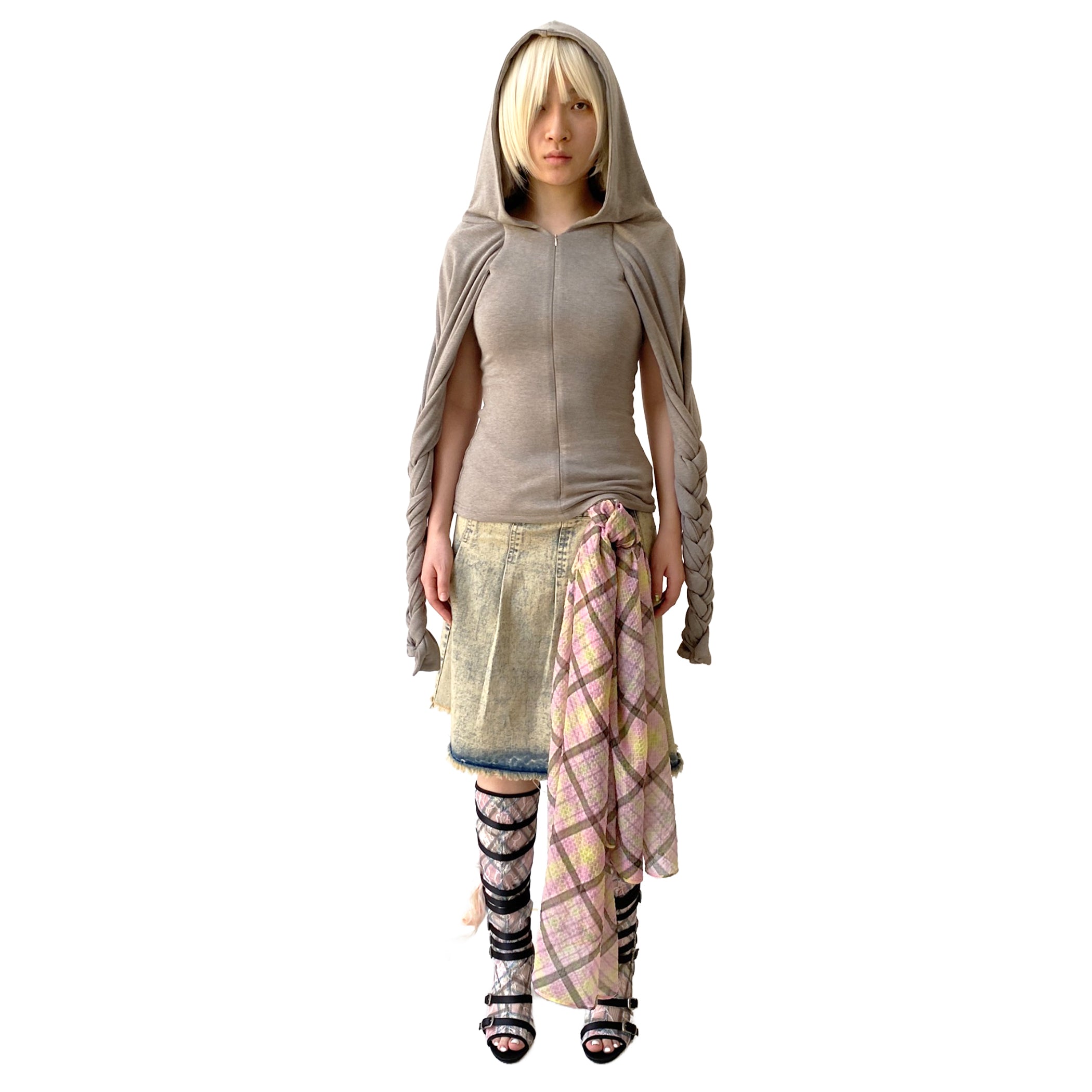 Grey Braided Hoodie Open-Sleeve Top