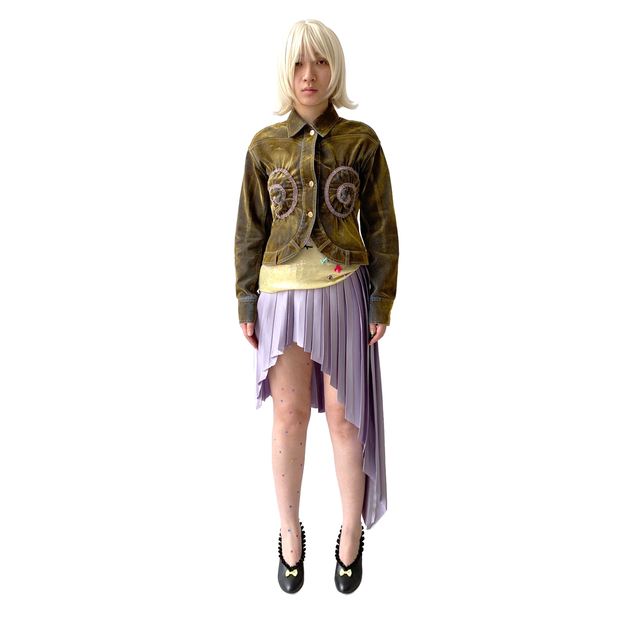 Lizard Lavender Satin Rib-Waistband Pleated Skirt