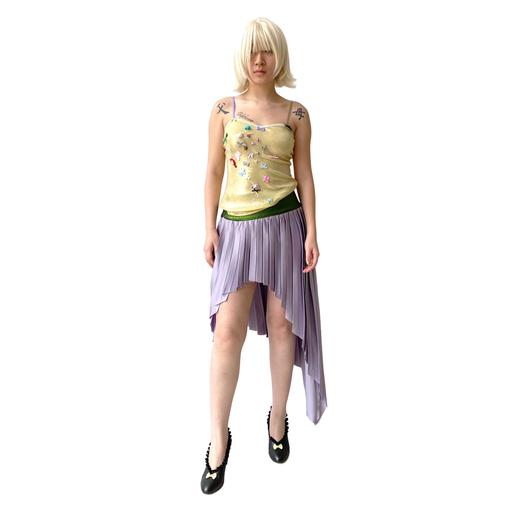Lizard Lavender Satin Rib-Waistband Pleated Skirt