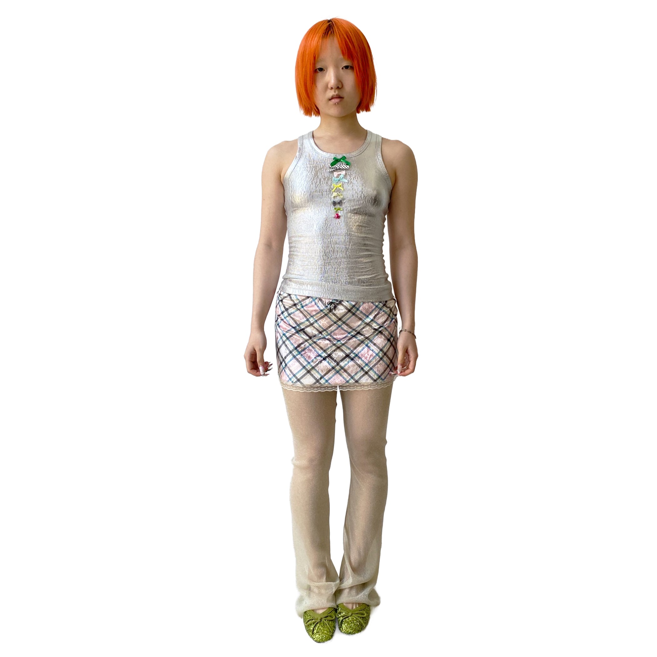 Ribbed Knit Tank Top with Bows Silver