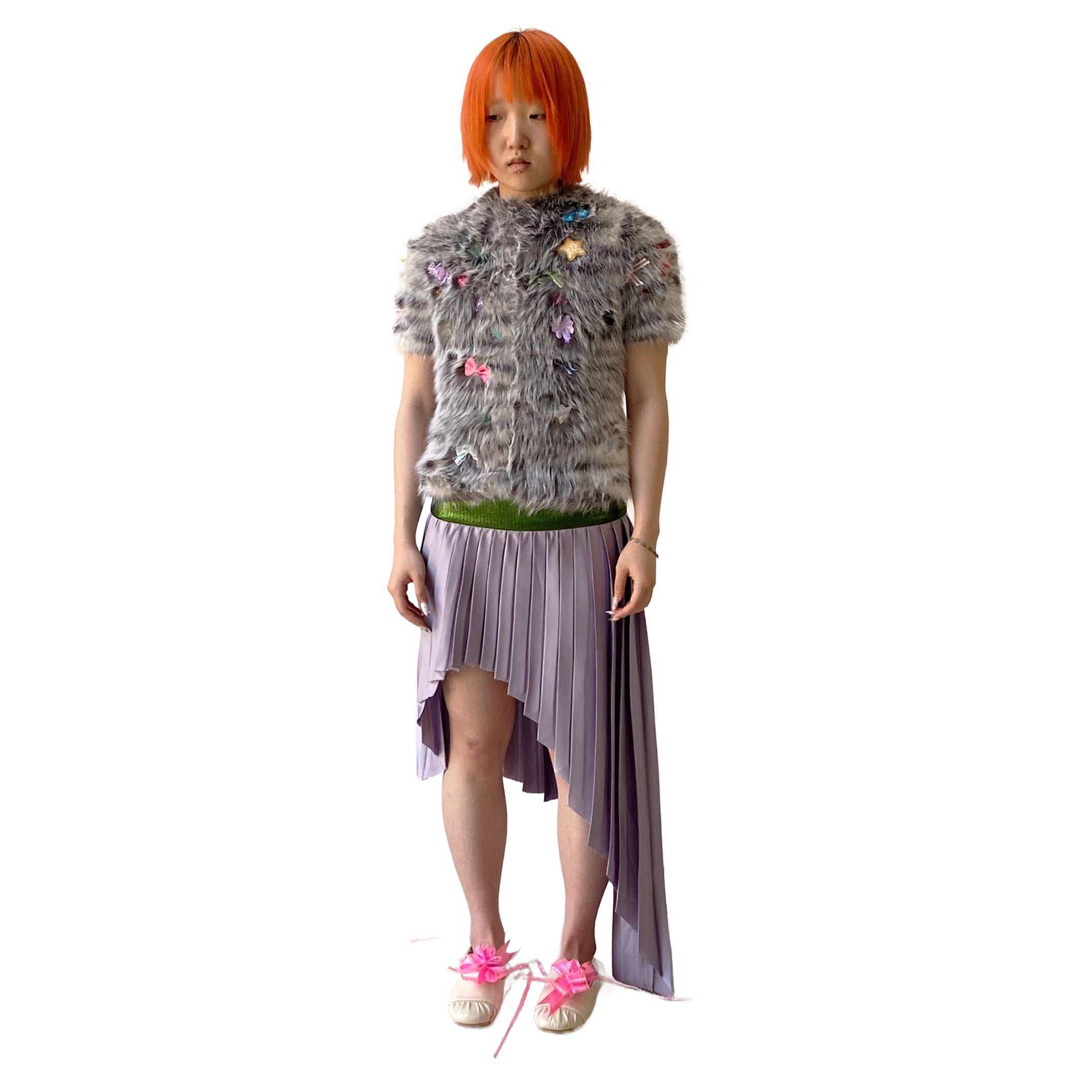 Lizard Lavender Satin Rib-Waistband Pleated Skirt