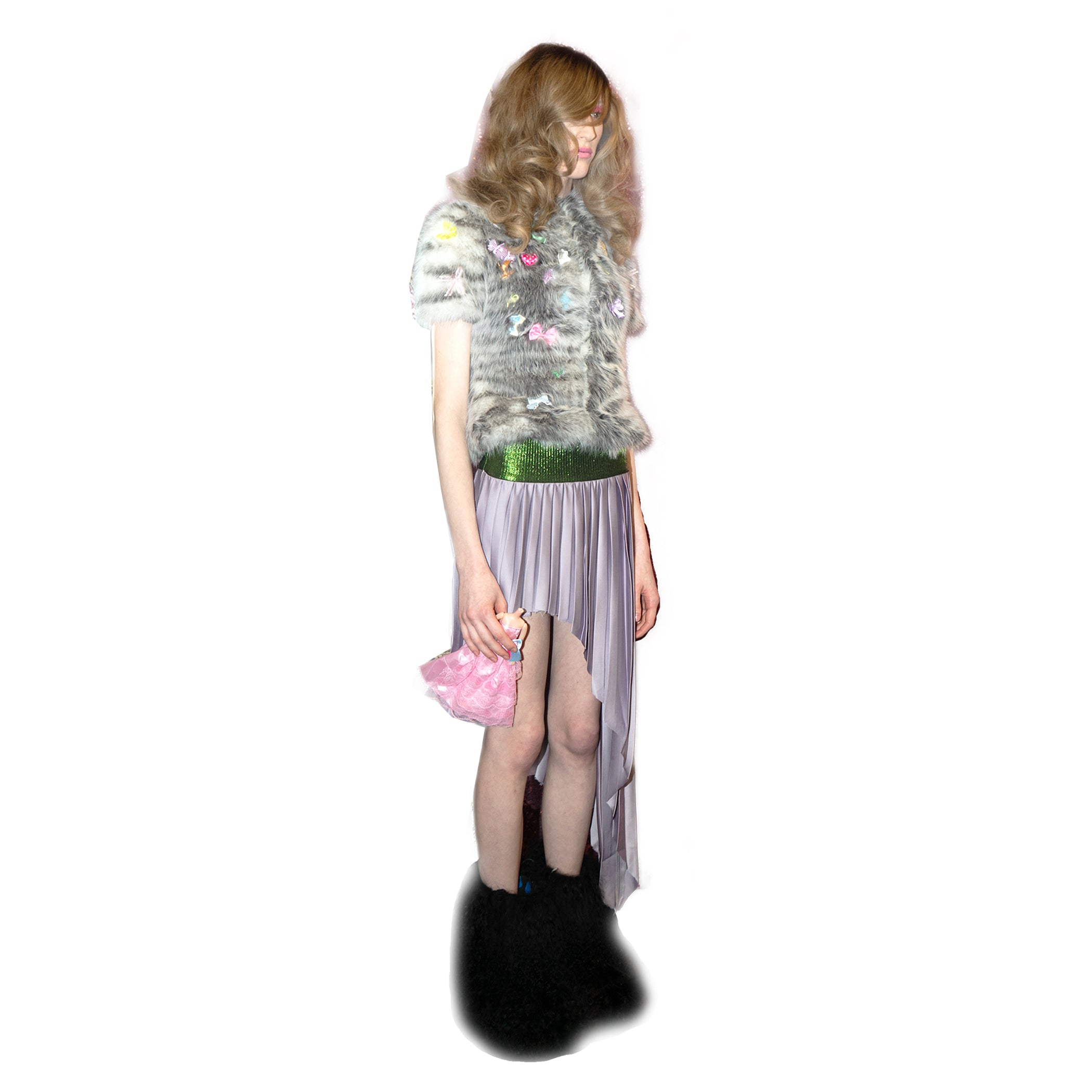 Lizard Lavender Satin Rib-Waistband Pleated Skirt