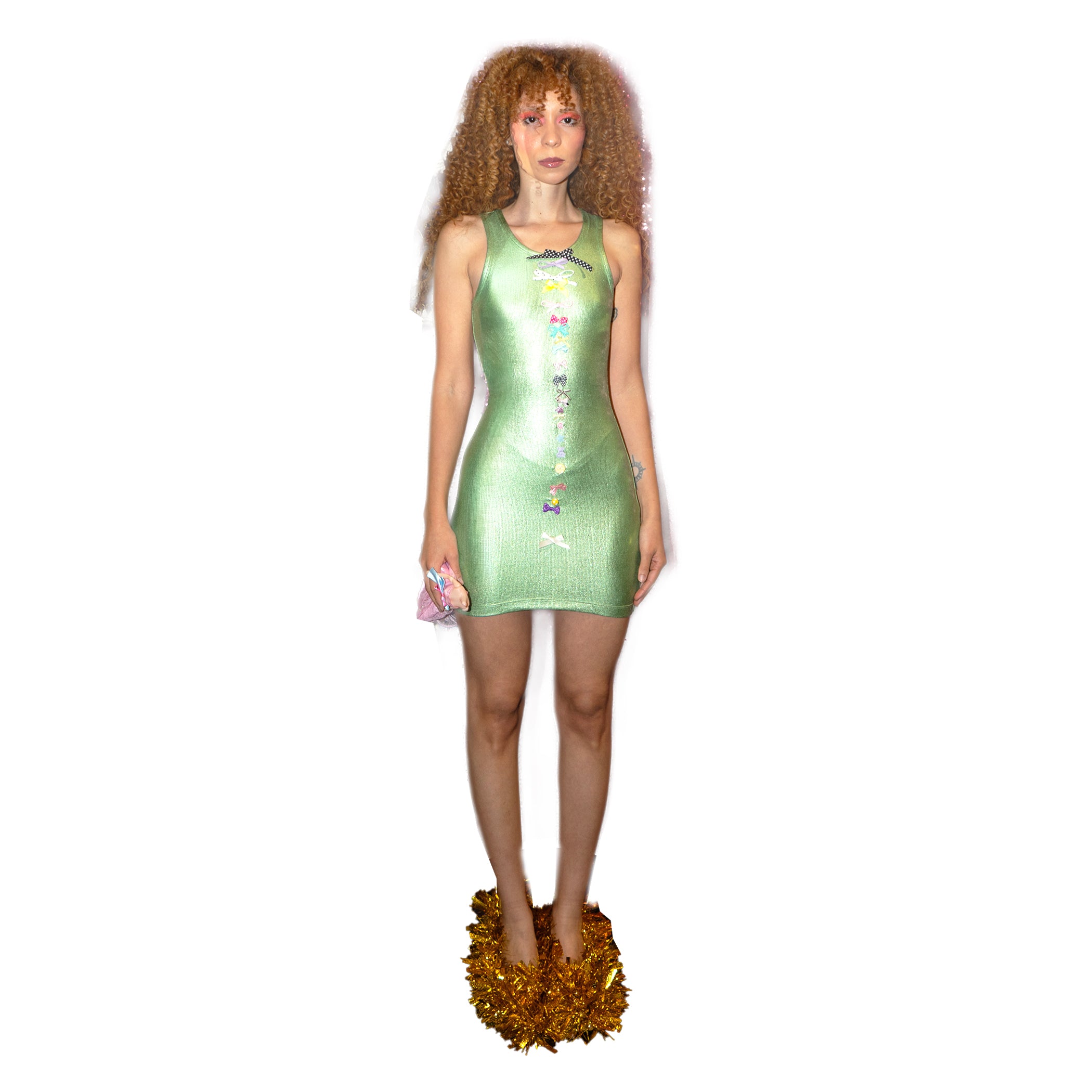 Glossy Grass Coated Rib Vest Mini Bows Dress