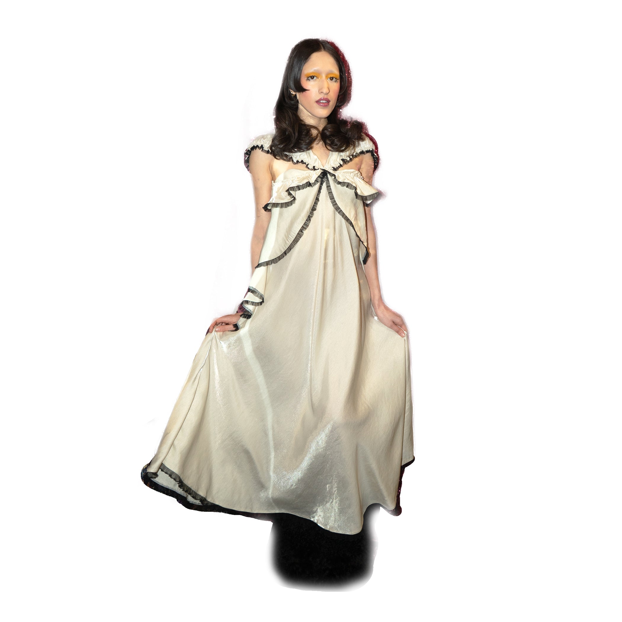 Ivory Satin Taffeta Flared Ruffle Dress