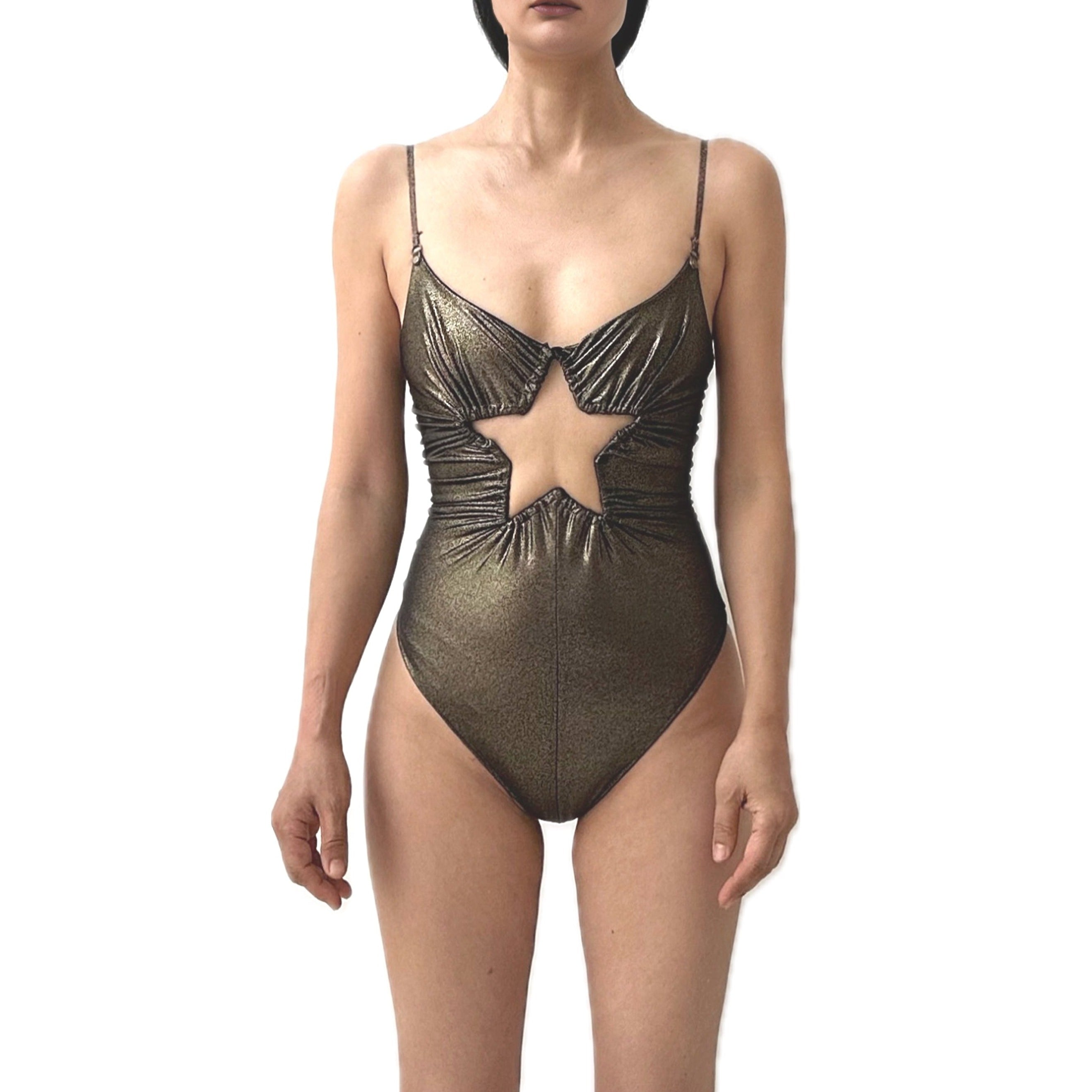 Metallic Star Cutout Ruched Stretch One-Piece Bodysuit Swimsuit