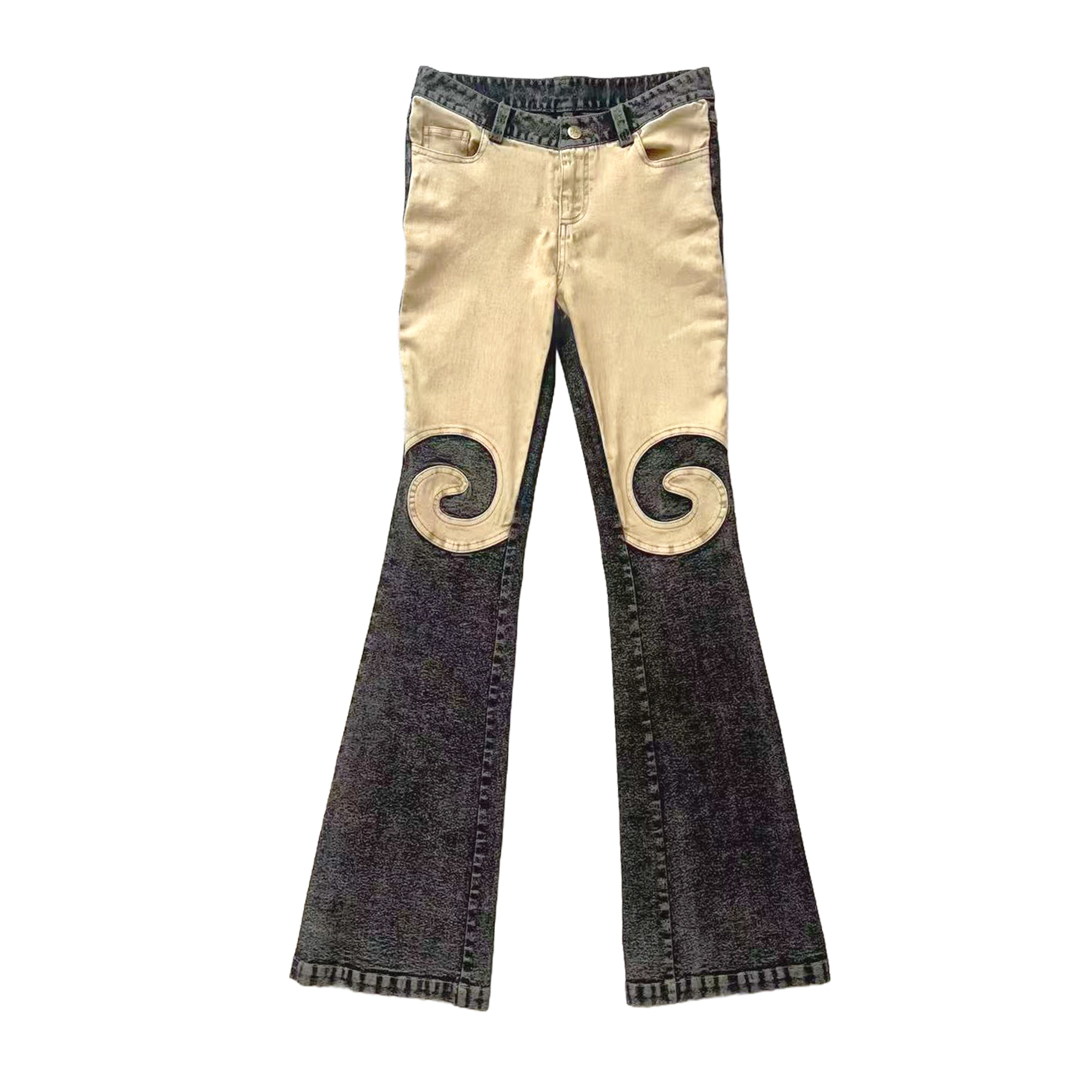 Black Yellow Washout Stretch Denim Flared Jeans