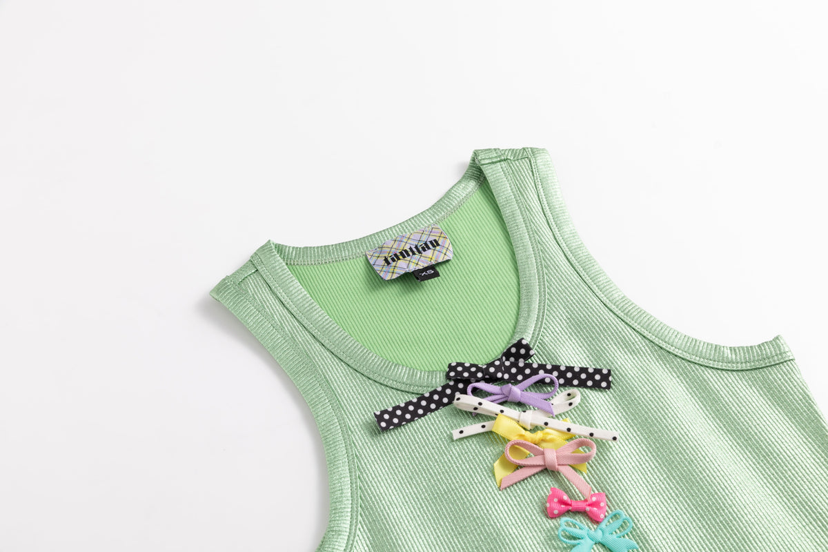 Glossy Grass Coated Rib Vest Mini Bows Dress