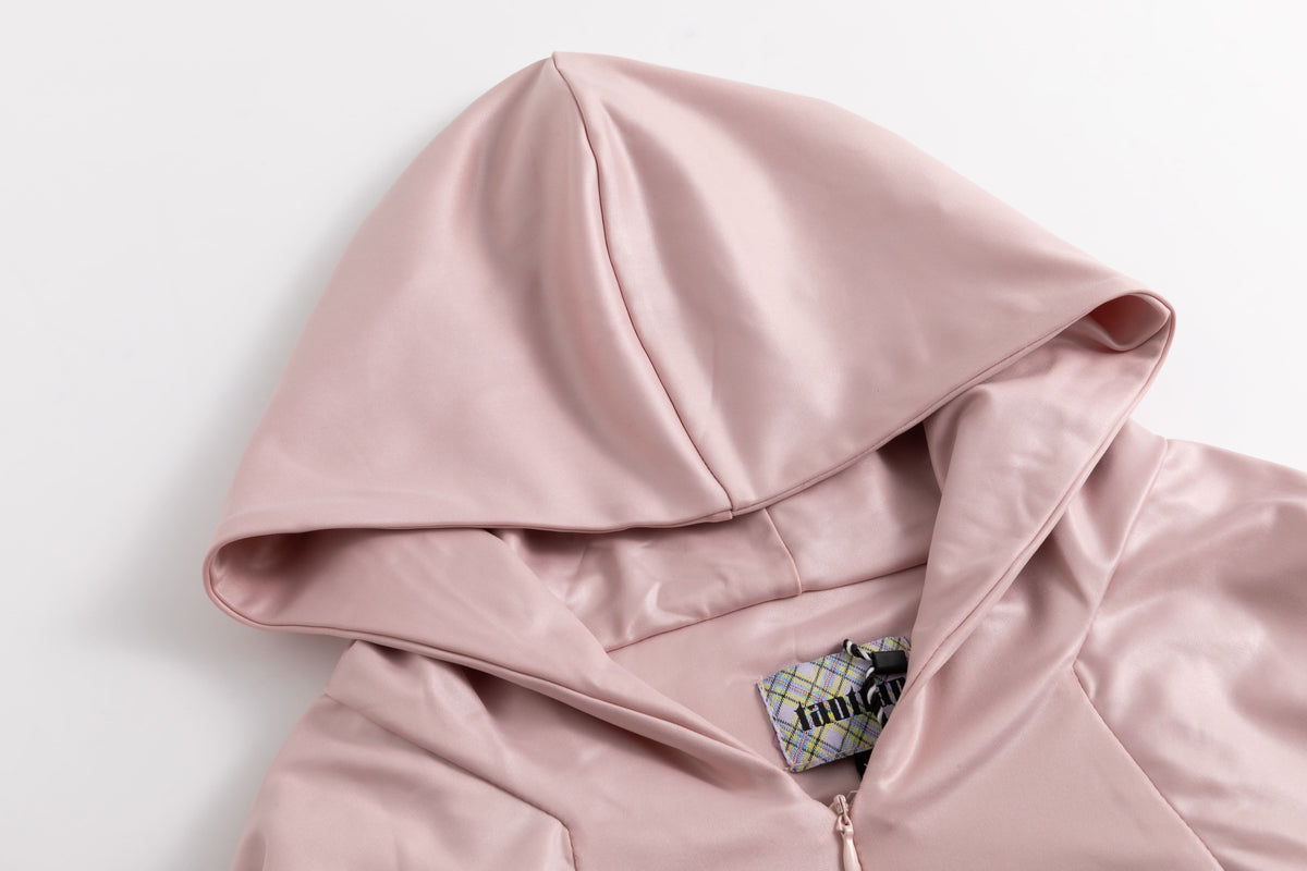 Glossy Pink Braided Hoodie Long-Sleeve Top