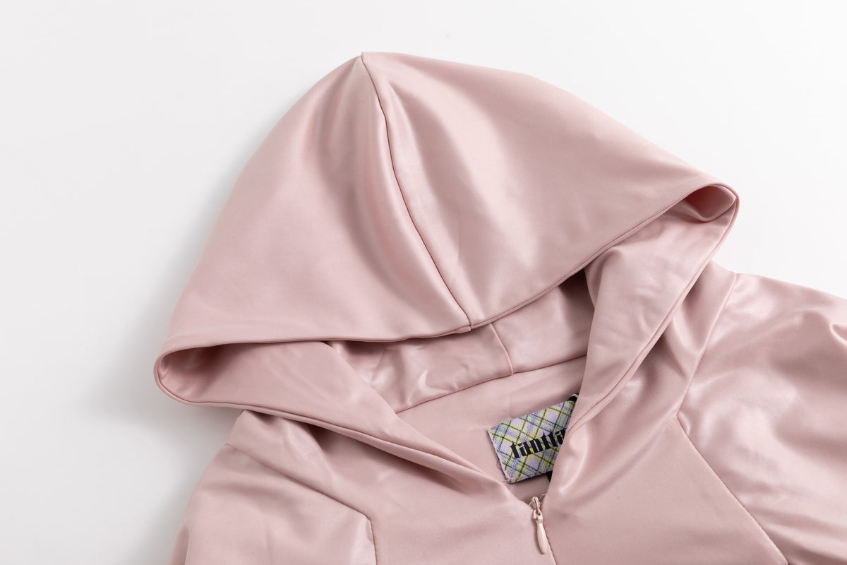 Glossy Pink Braided Hoodie Long-Sleeve Top