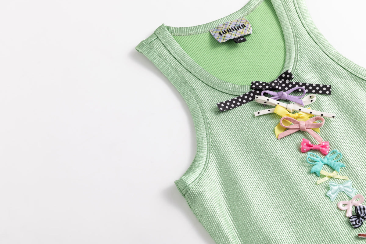 Glossy Grass Coated Rib Vest Mini Bows Dress