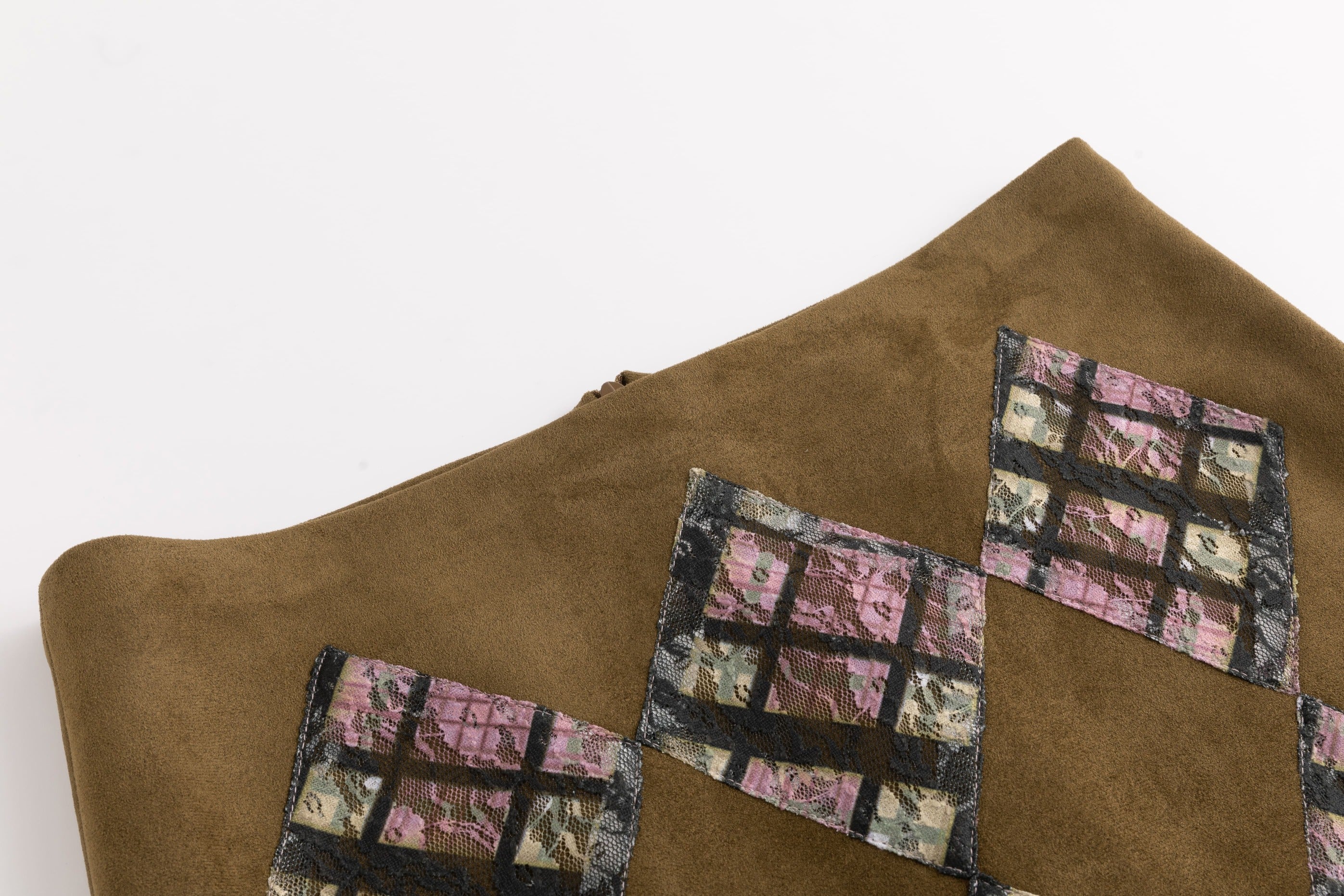 Orange Brown Suede Purple Plaid Lace Patchwork MIDI Skirt