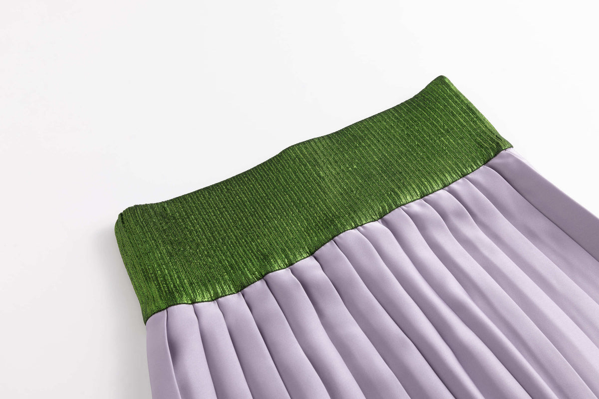 Lizard Lavender Satin Rib-Waistband Pleated Skirt